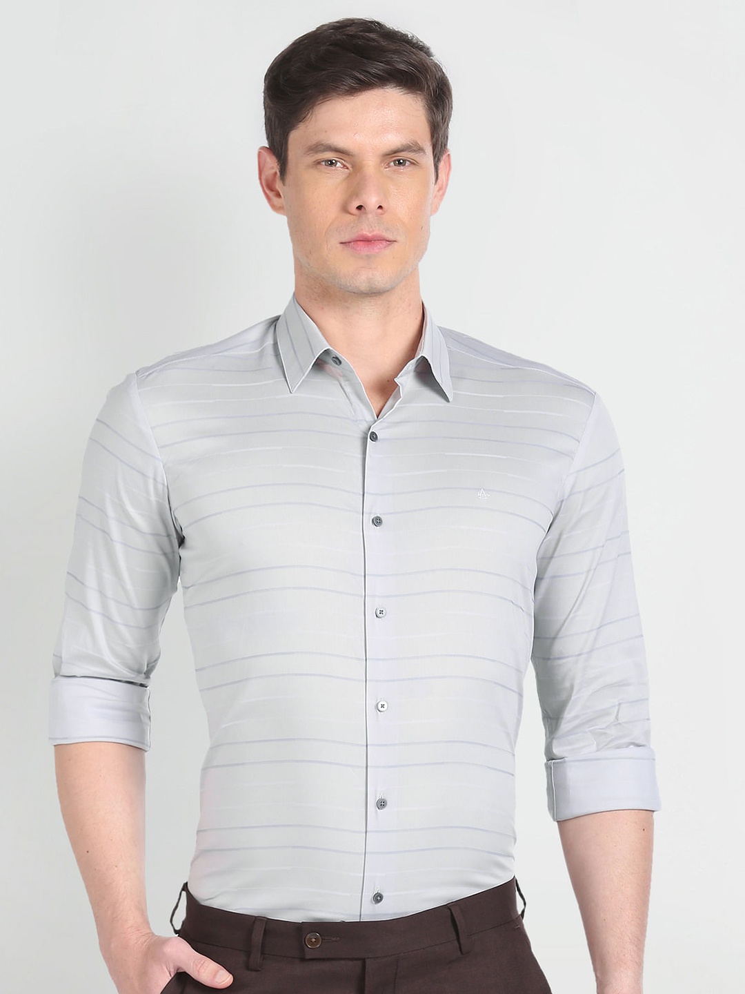 

Arrow New York Slim Fit Horizontal Striped Spread Collar Formal Shirt, Grey