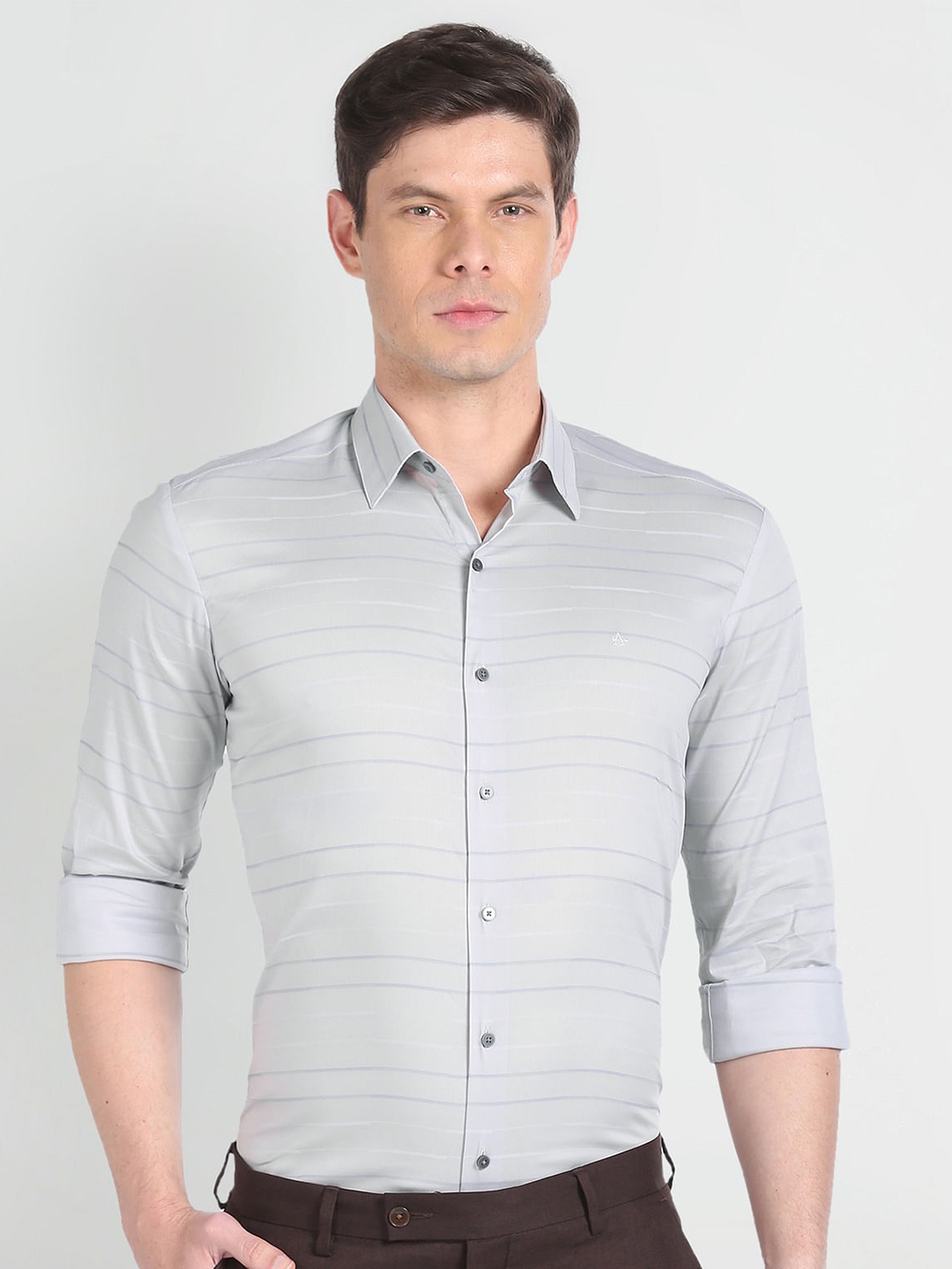 Arrow New York Slim Fit Horizontal Striped Twill Weave Formal Shirt, Grey