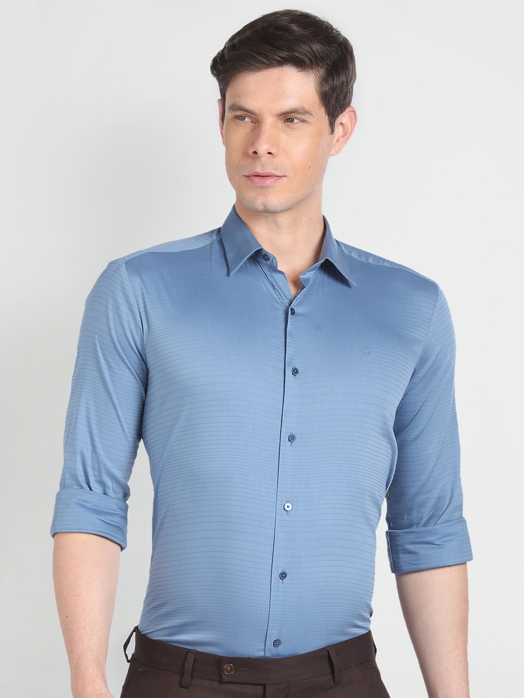 Arrow New York Slim Fit Horizontal Striped Spread Collar Twill Formal Shirt, Blue