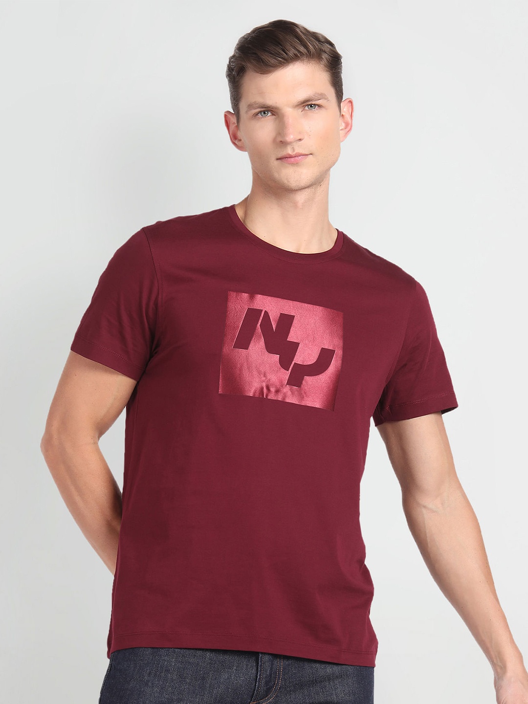 Arrow New York Typography Printed Pure Cotton T-shirt, Red