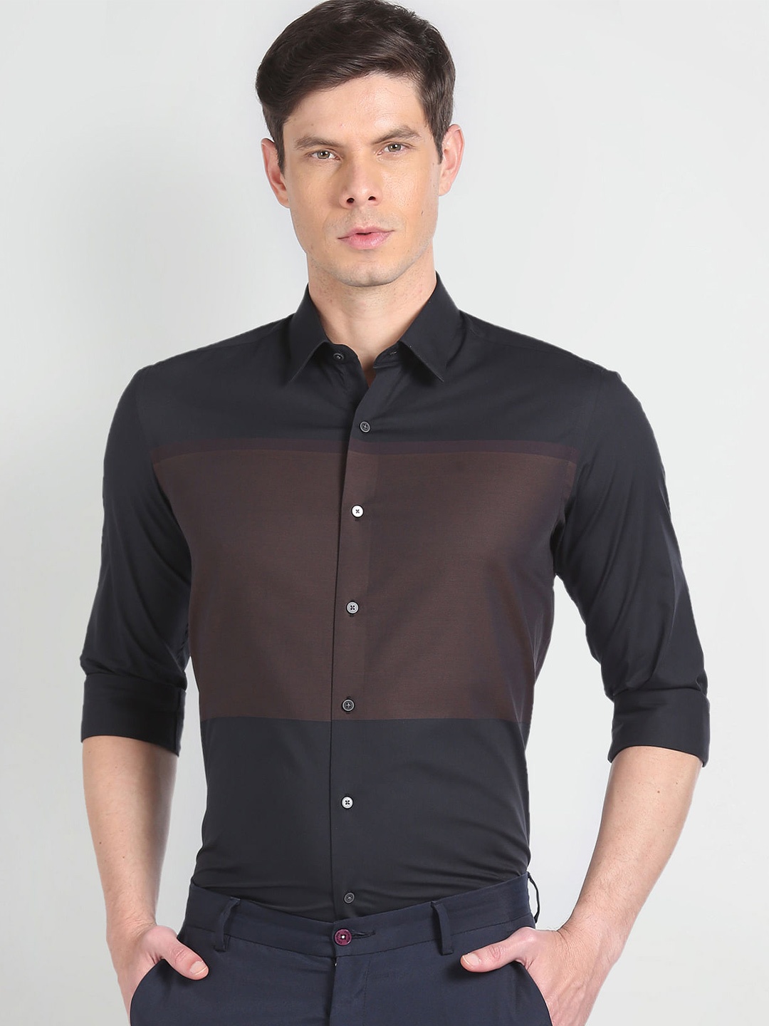 

Arrow New York Slim Fit Colourblocked Pure Cotton Twill Formal Shirt, Brown