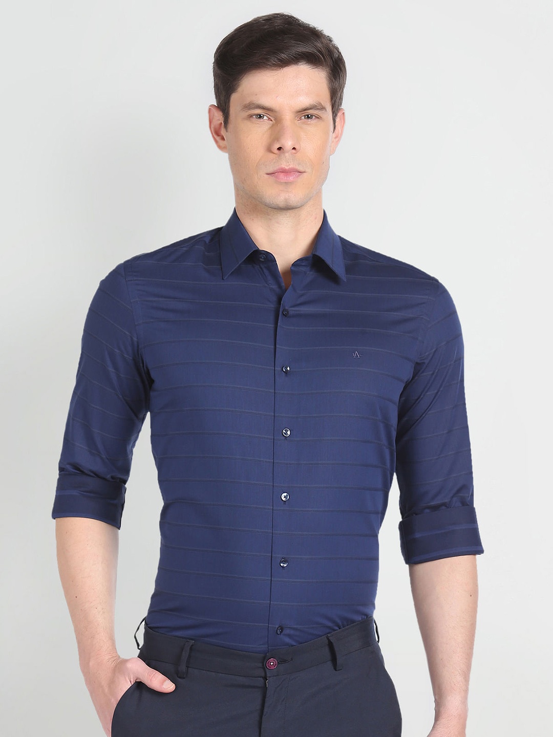 

Arrow New York Striped Slim Fit Twill Pure Cotton Formal Shirt, Blue