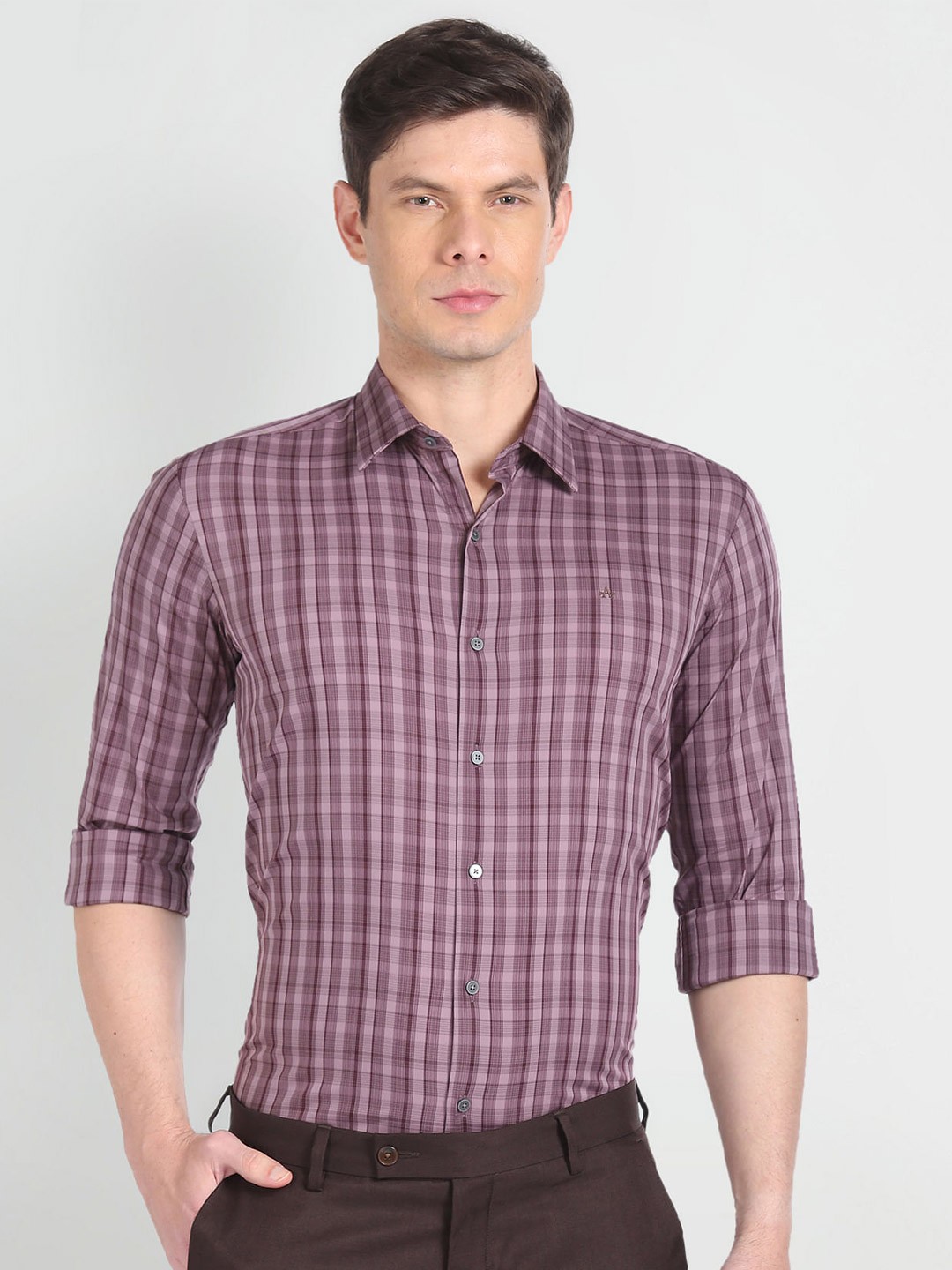 

Arrow New York Slim Fit Checked Spread Collar Formal Shirt, Purple