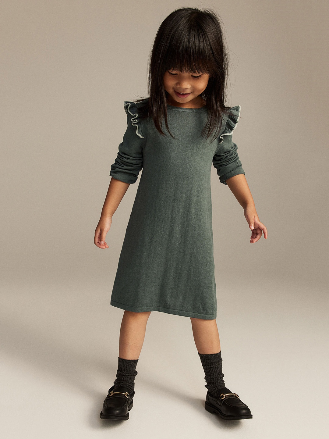 

H&M Girls Pure Cotton Fine-Knit Dress, Green