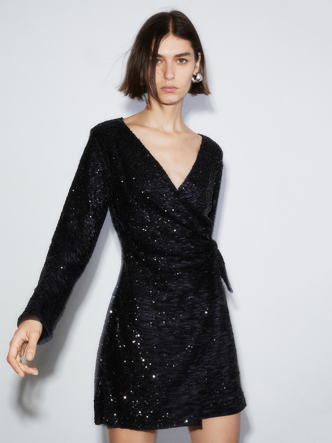 

H&M Sequined Wrap Dress, Black