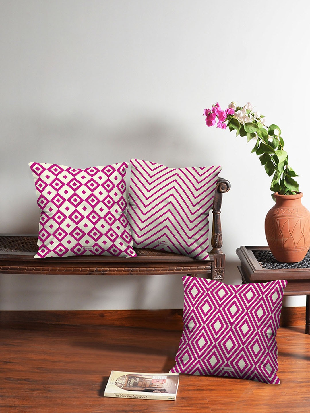 

Indigifts Pink & Off-White 3 Pieces Printed Filled Cushions