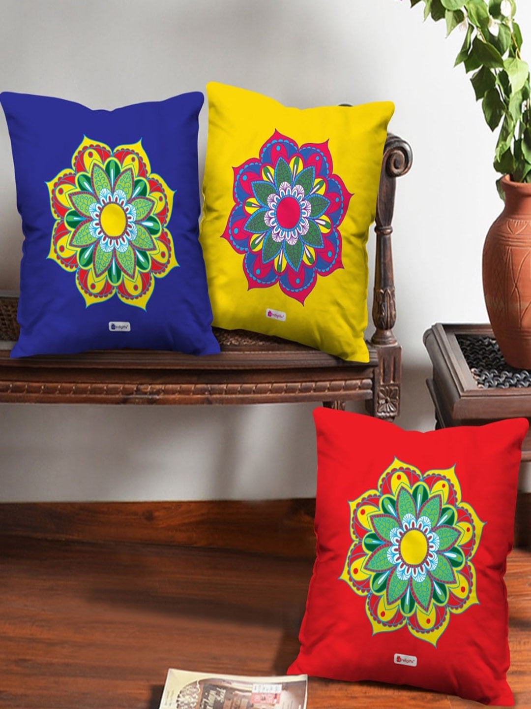 

Indigifts Blue & Yellow 3 Pieces Printed Pre-Filled Cushions
