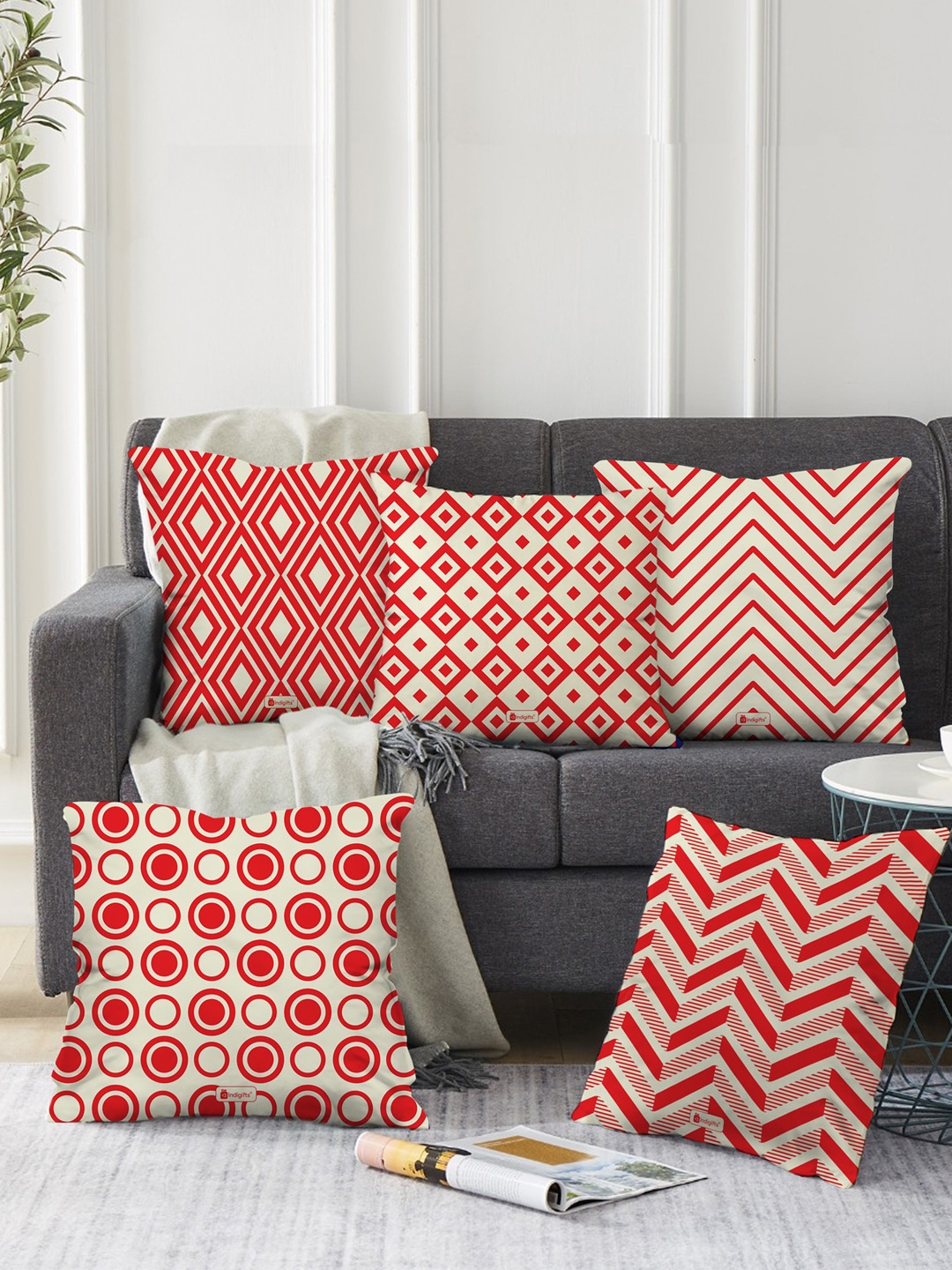 

Indigifts White & Orange-Coloured 5 Pieces Printed Filled Cushions