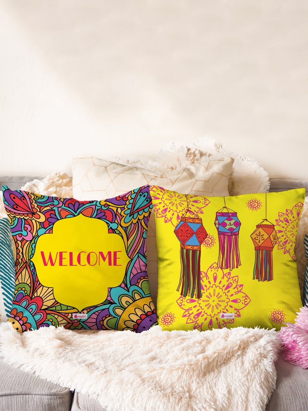 

Indigifts Yellow & Blue 2 Pieces Printed Filled Cushion