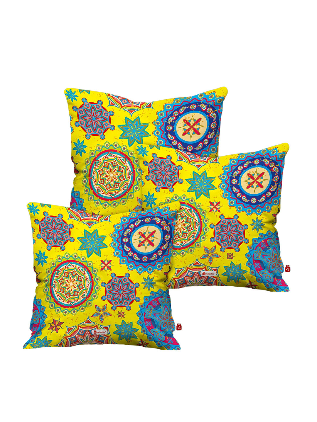 

Indigifts Yellow & Blue 3 Pieces Printed Pre-Filled Cushions
