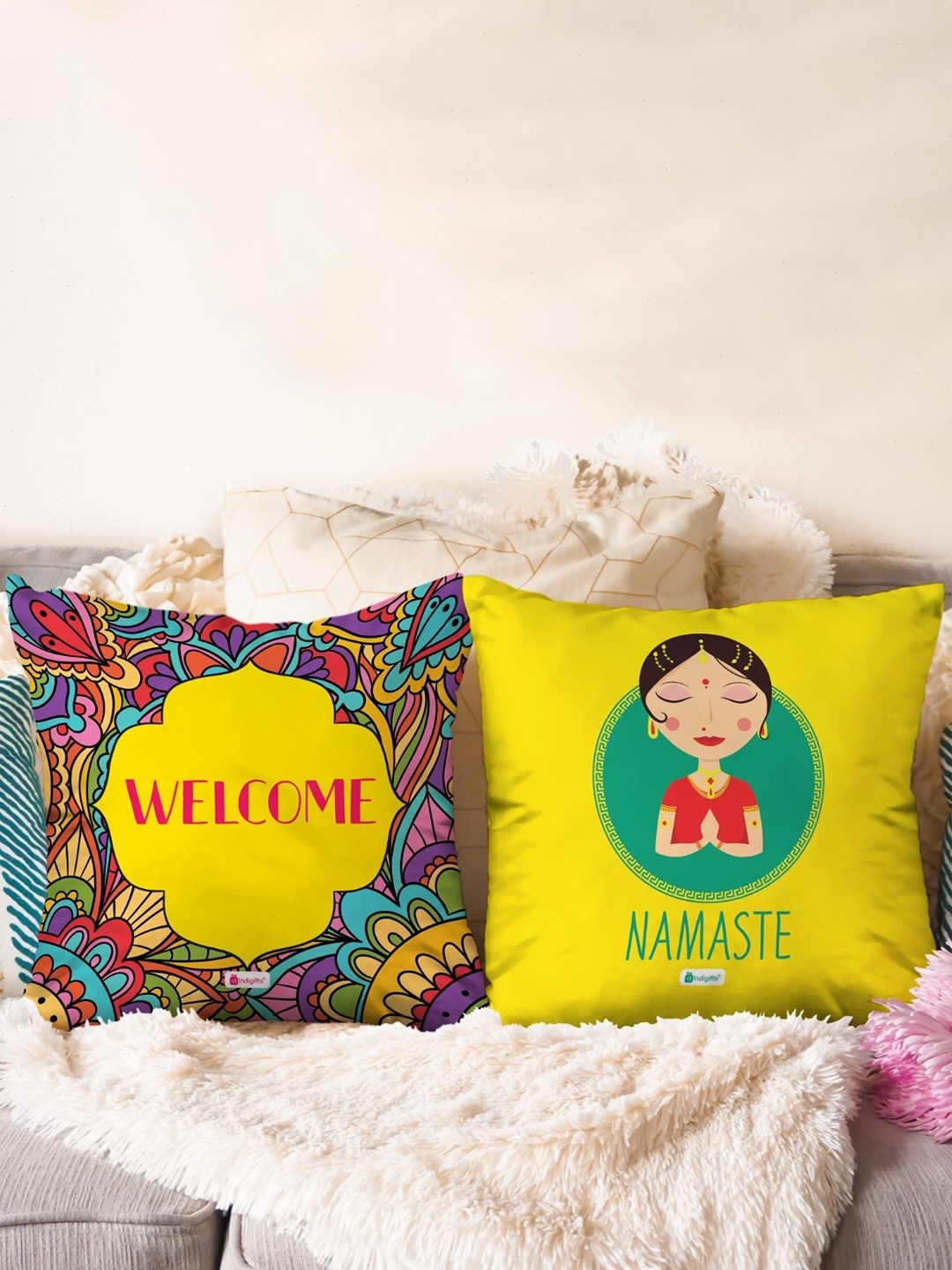 

Indigifts Yellow & Blue 2 Pieces Printed Pre-Filled Cushions