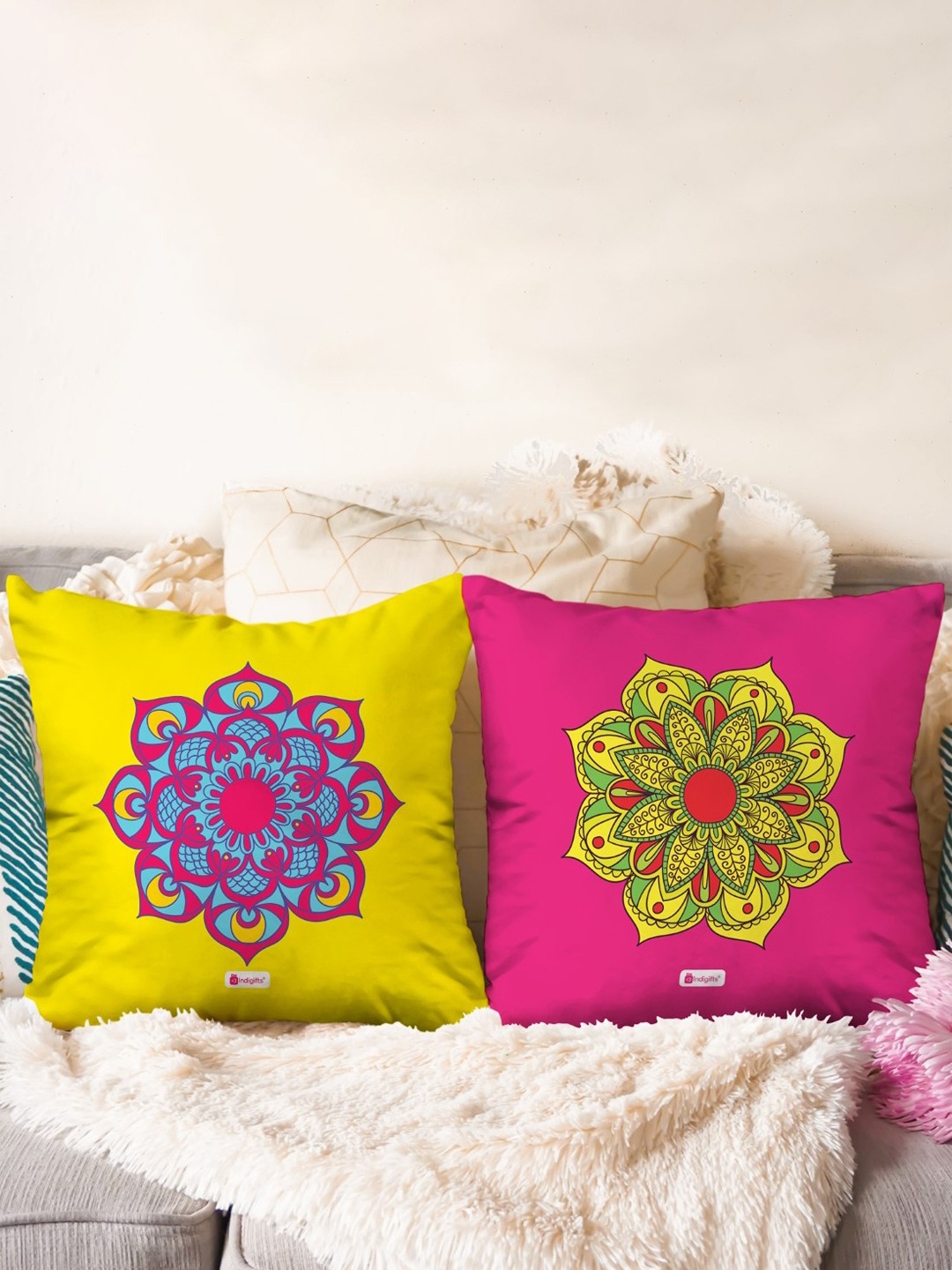 

Indigifts Pink & Yellow 2 Pieces Printed Cushion Covers With Filler