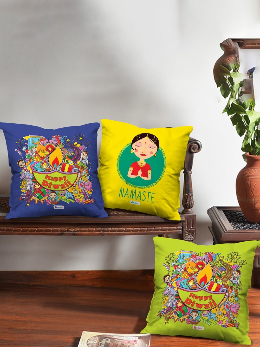 

Indigifts Yellow & Blue 3 Pieces Printed Filled Cushions