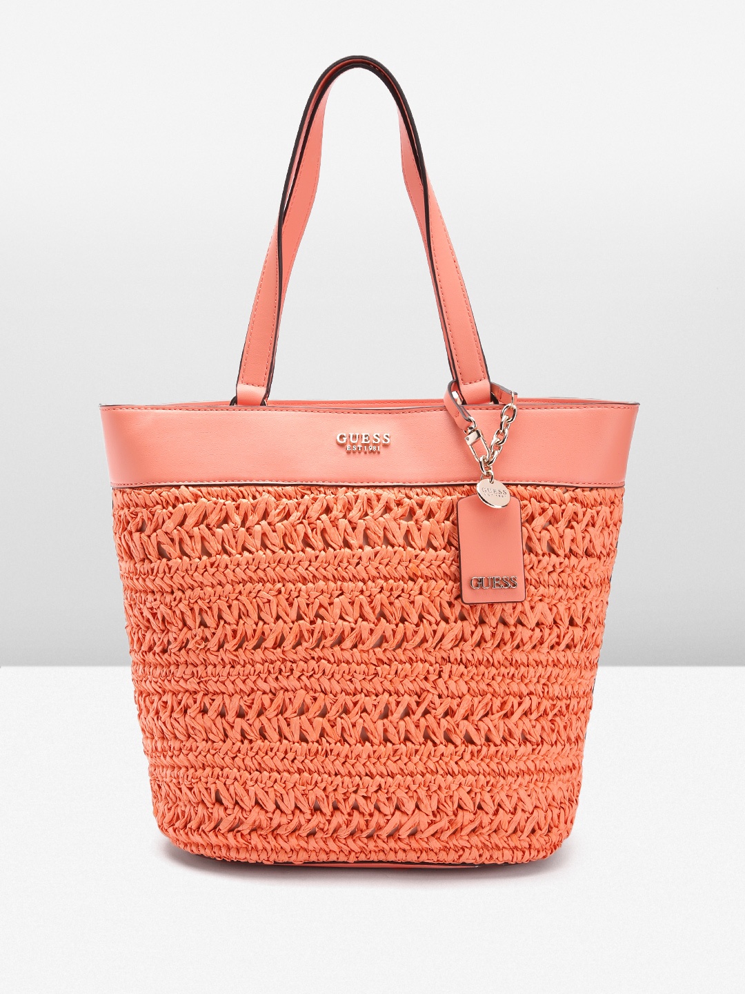 

GUESS Basket Weave Textured Structured Shoulder Bag, Coral