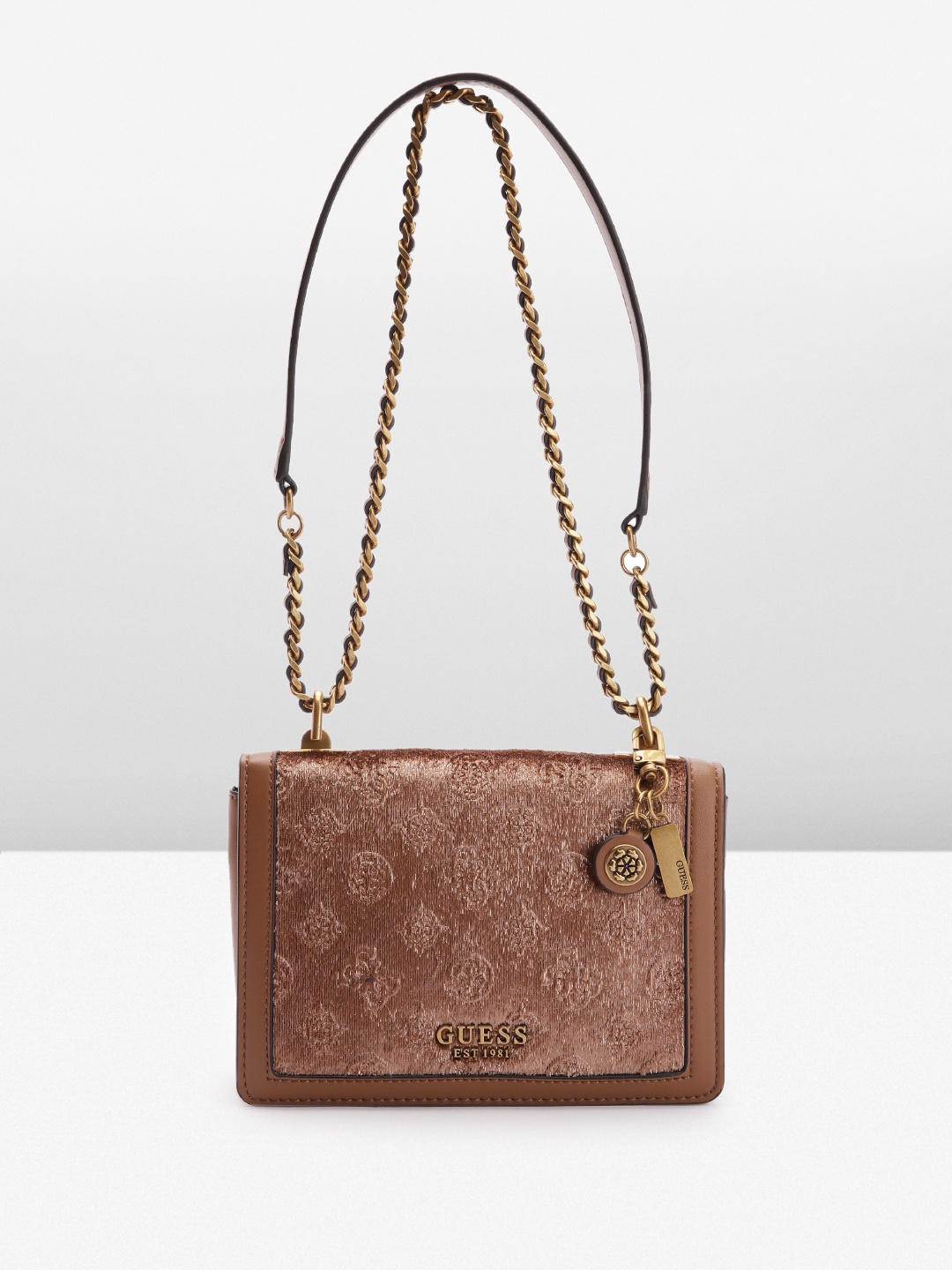 

GUESS Brand Logo Textured Structured Sling Bag with Velvety Finish, Brown