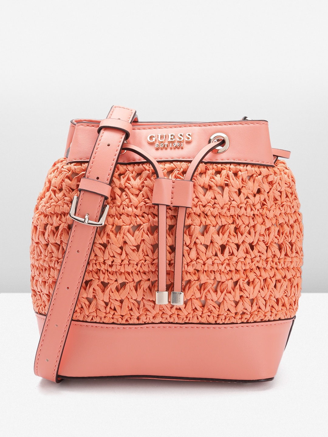 

GUESS Basket Weave Textured Structured Sling Bag, Coral