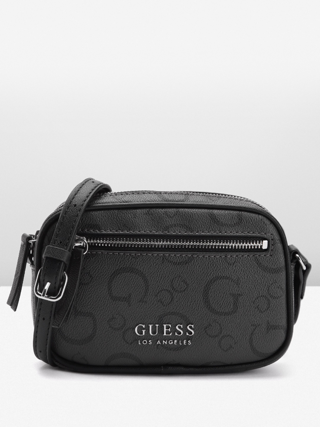

GUESS Brand Logo Printed Structured Sling Bag, Charcoal
