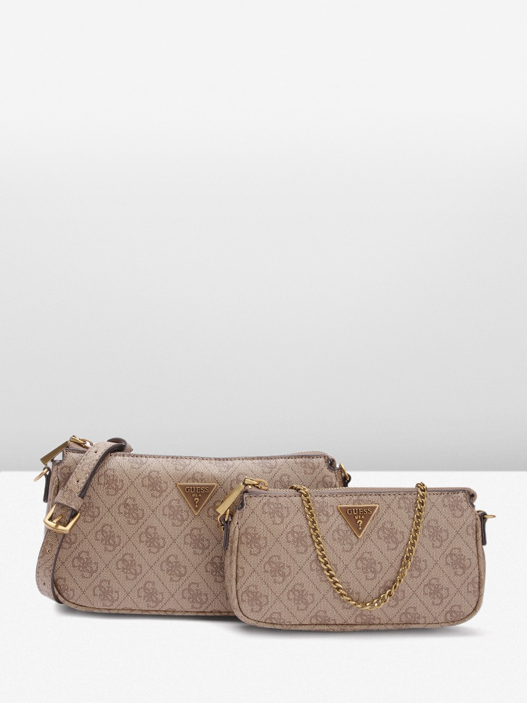 

GUESS Brand Logo Printed Structured Sling Bag with Pouch, Brown