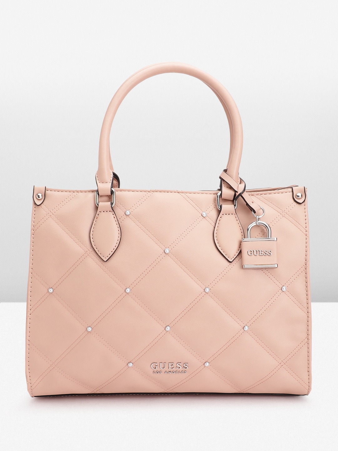 

GUESS Embellished Structured Handheld Bag with Quilted Detail, Nude