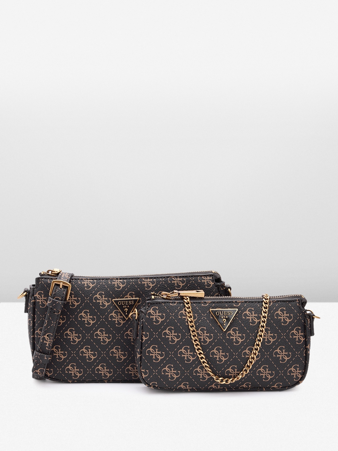 

GUESS Brand Logo Printed Structured Sling Bag with Pouch, Black