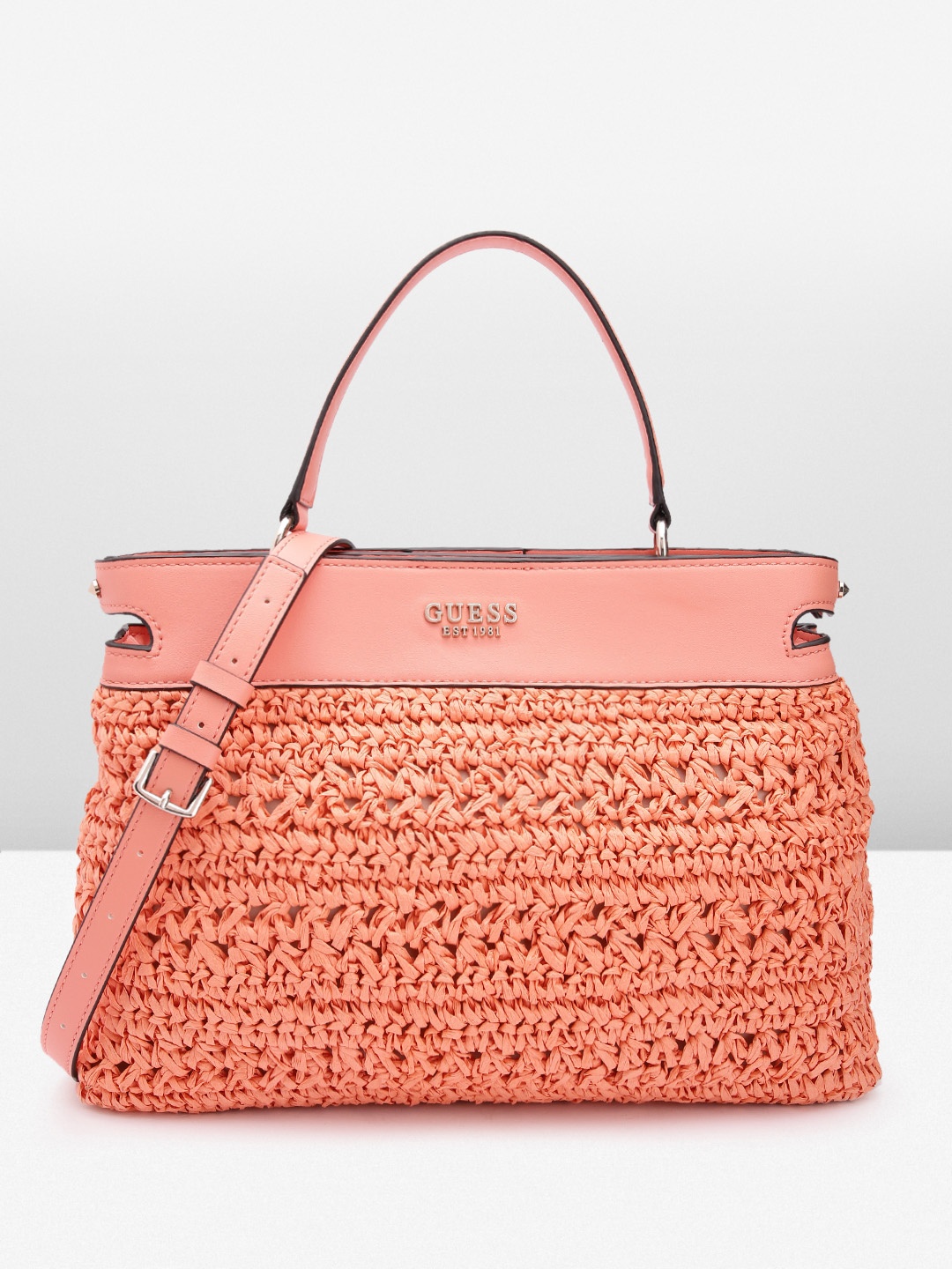 

GUESS Basket Weave Textured Structured Handheld Bag, Coral