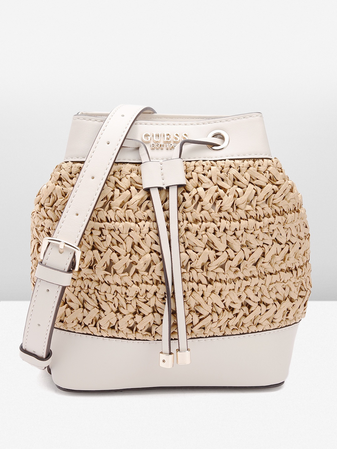 

GUESS Woven Design Structured Sling Bag, Beige