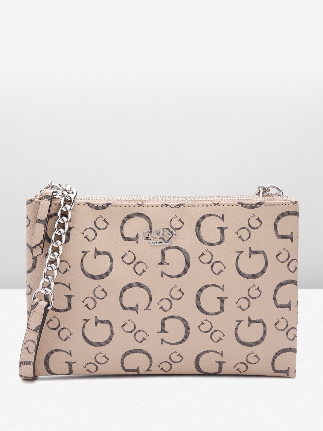 

GUESS Brand Logo Printed Structured Sling Bag, Beige