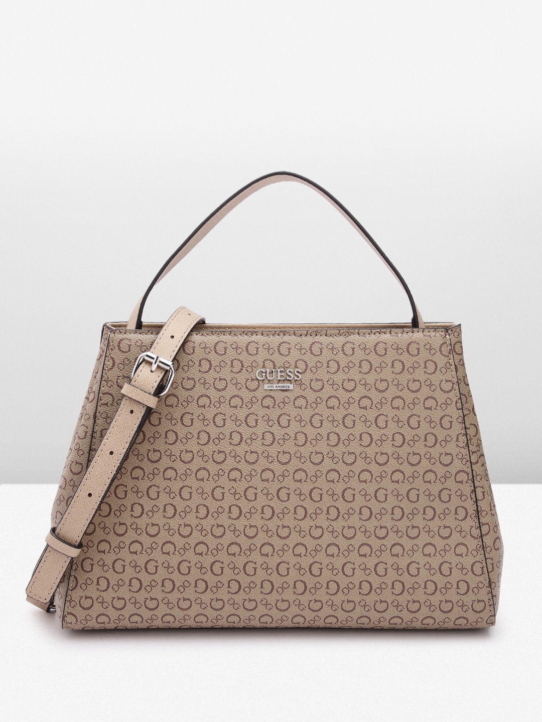 

GUESS Brand Logo Printed Structured Handheld Bag, Brown