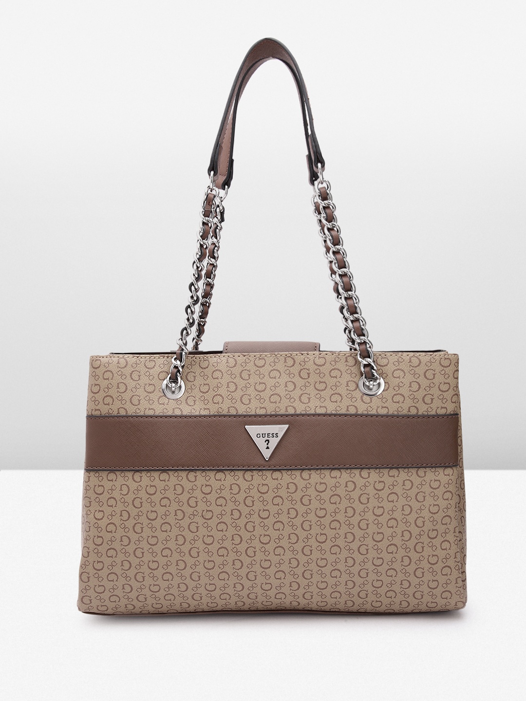 

GUESS Brand Logo Printed Structured Shoulder Bag, Brown