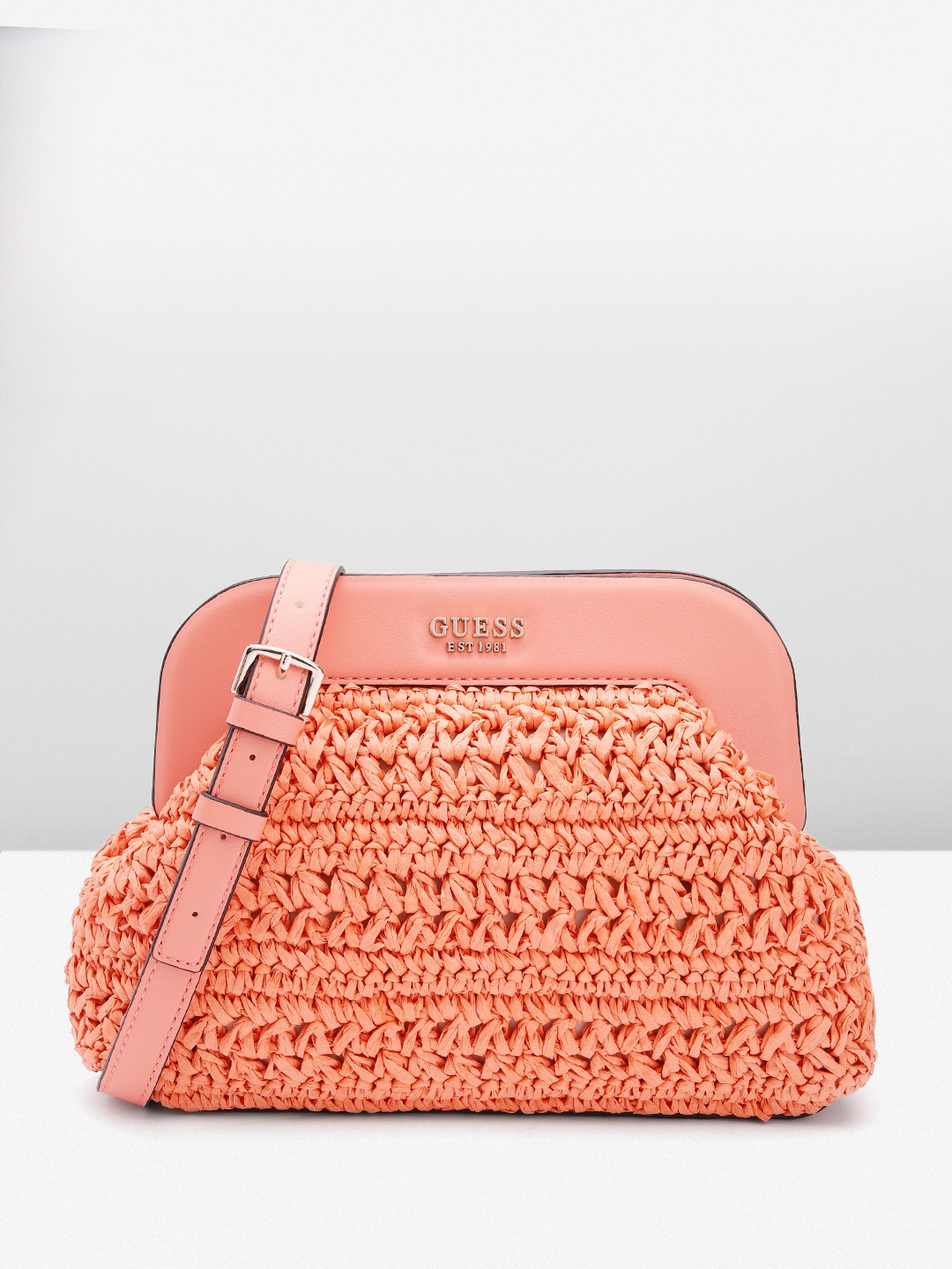 

GUESS Basket Weave Textured Structured Sling Bag, Coral