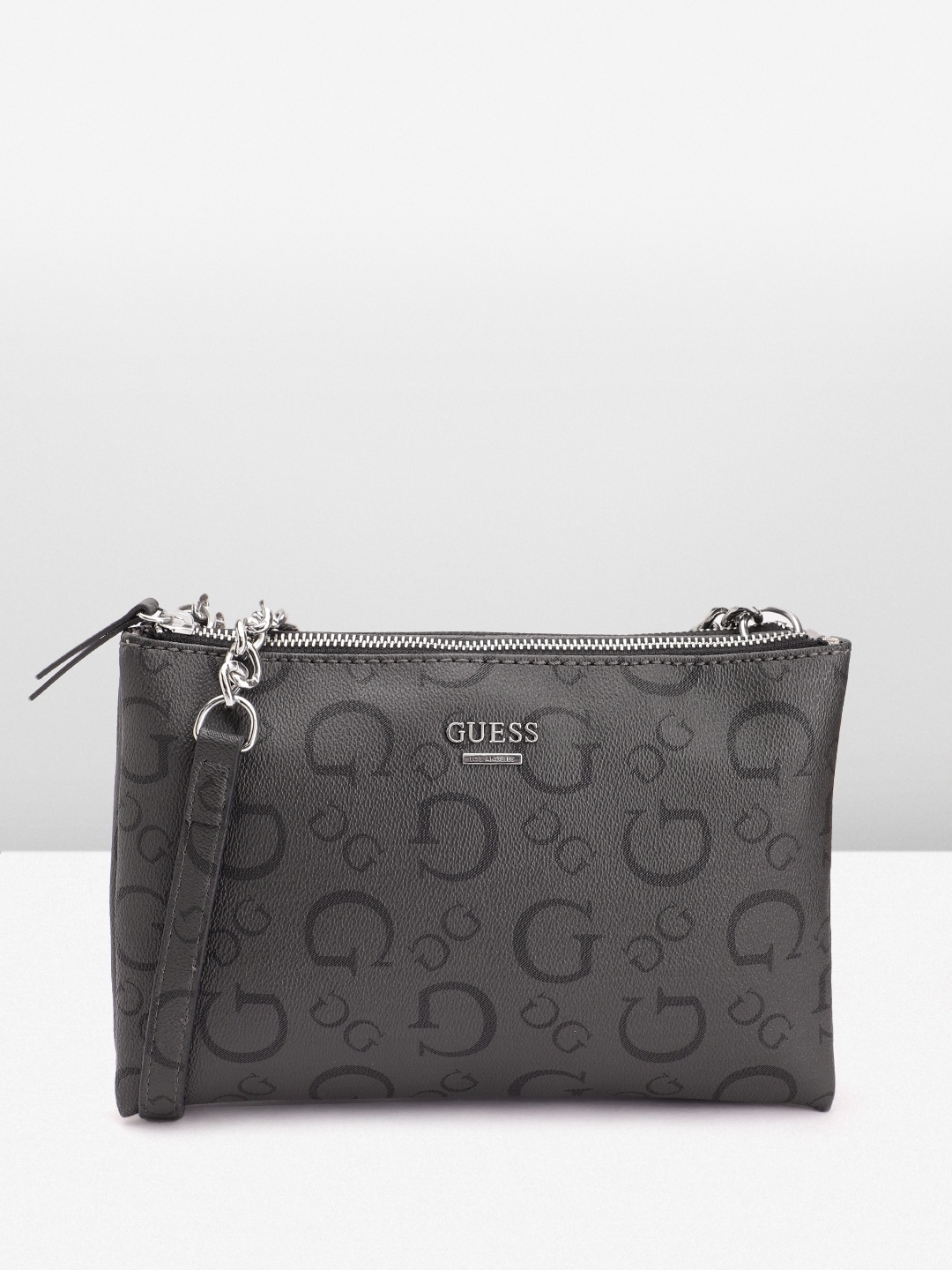 

GUESS Brand Logo Printed Structured Sling Bag, Charcoal