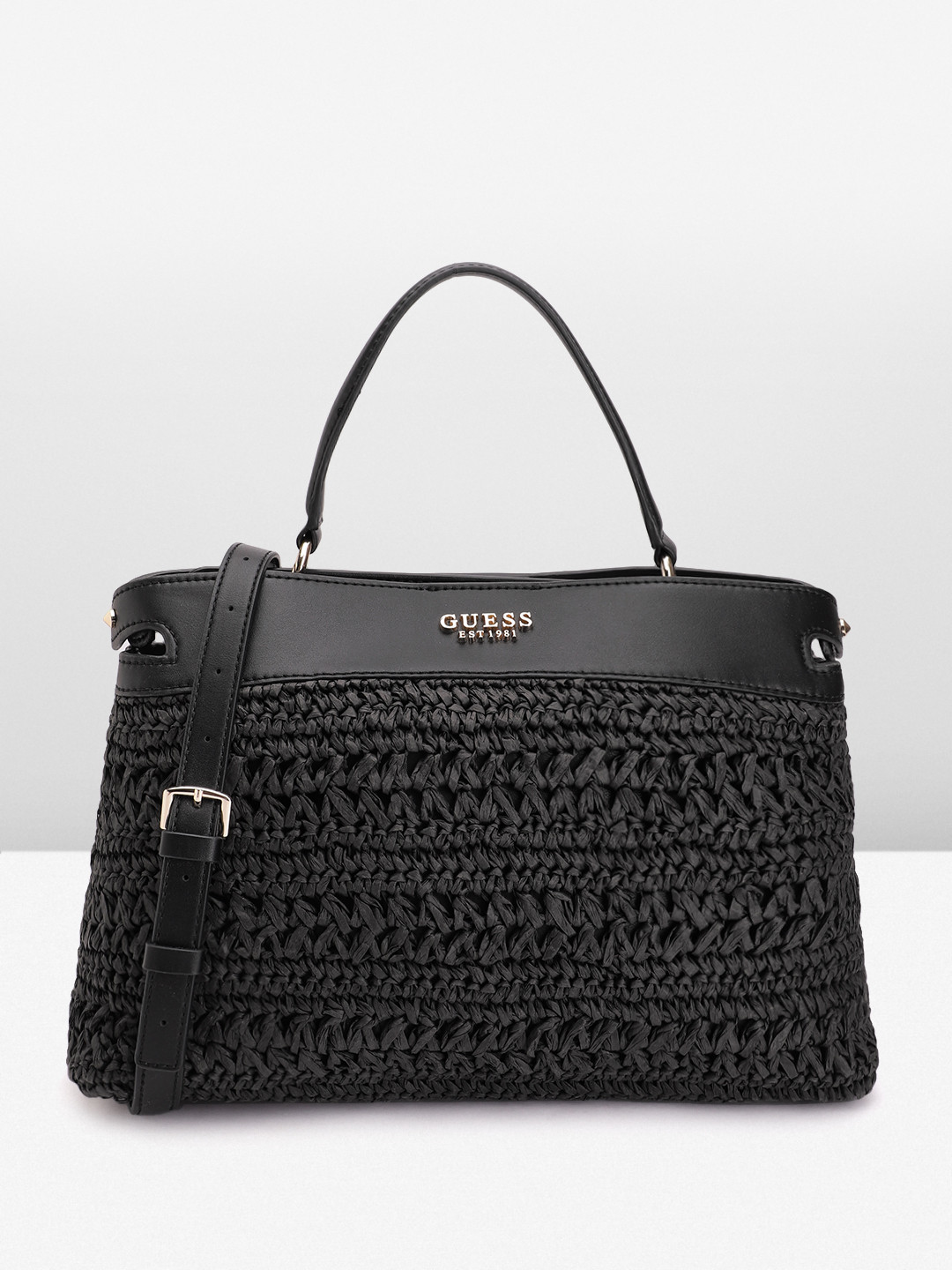 

GUESS Basket Weave Textured Structured Handheld Bag, Black