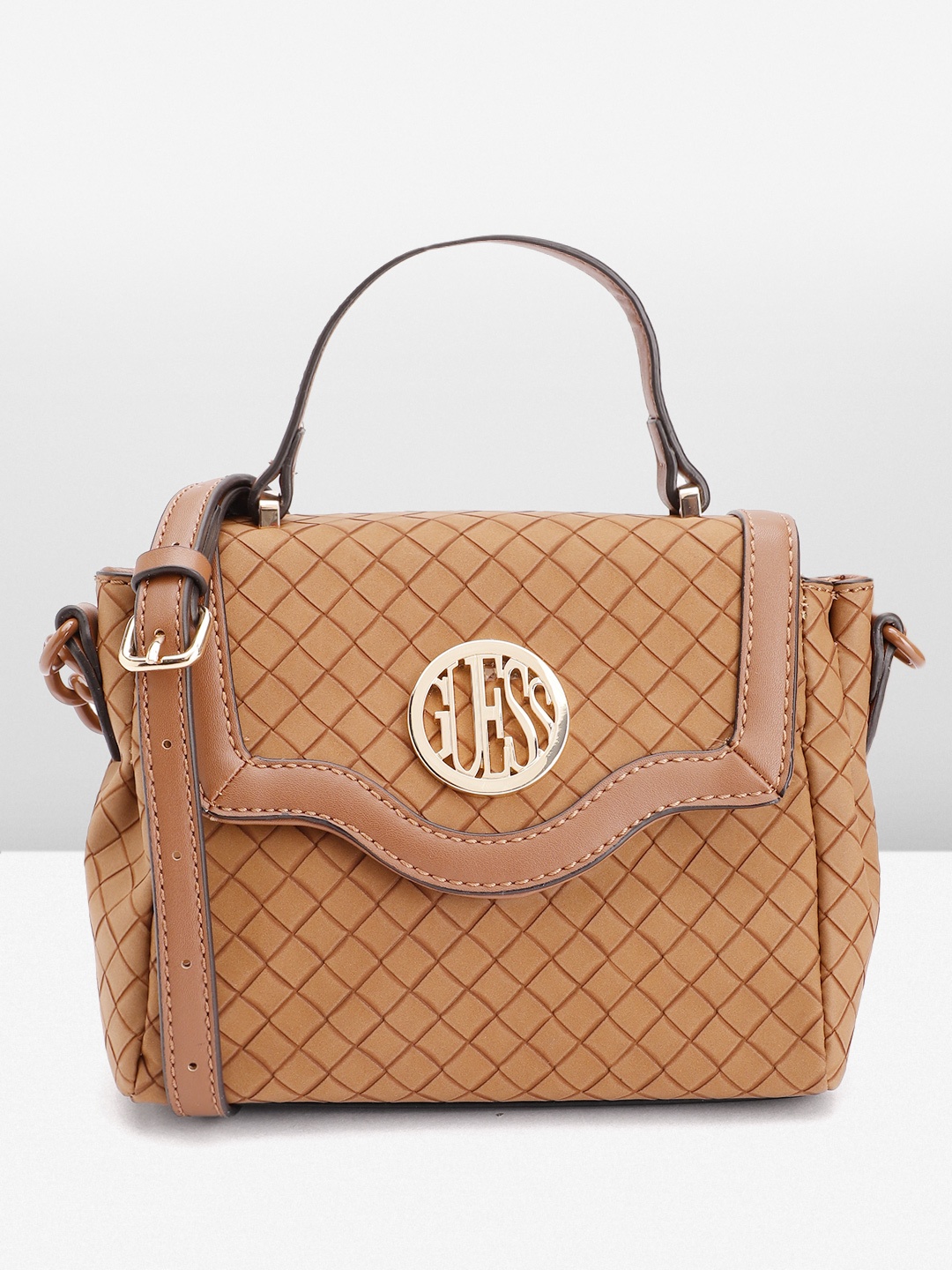 

GUESS Geometric Textured Structured Satchel Bag, Brown