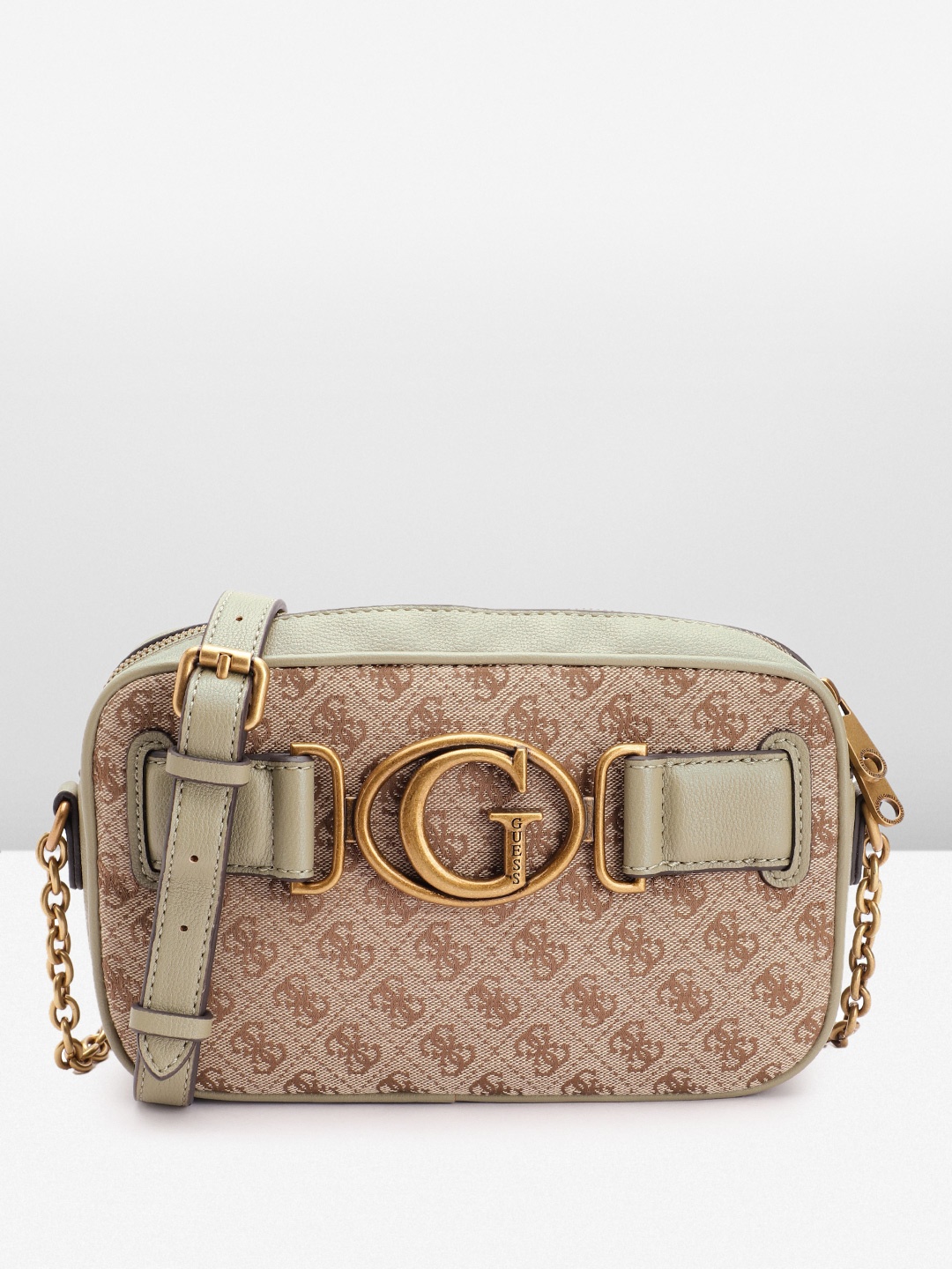 

GUESS Brand Logo Self Design Structured Sling Bag, Beige