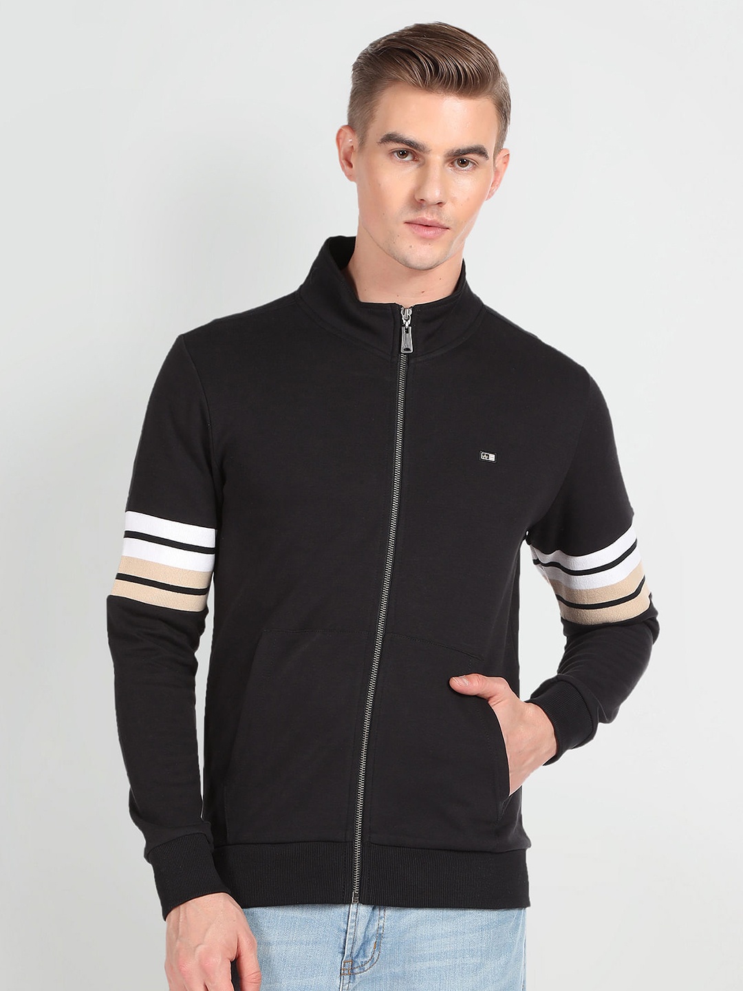 

Arrow Sport Striped Mock Collar Long Sleeves Pure Cotton Pullover Sweatshirt, Black