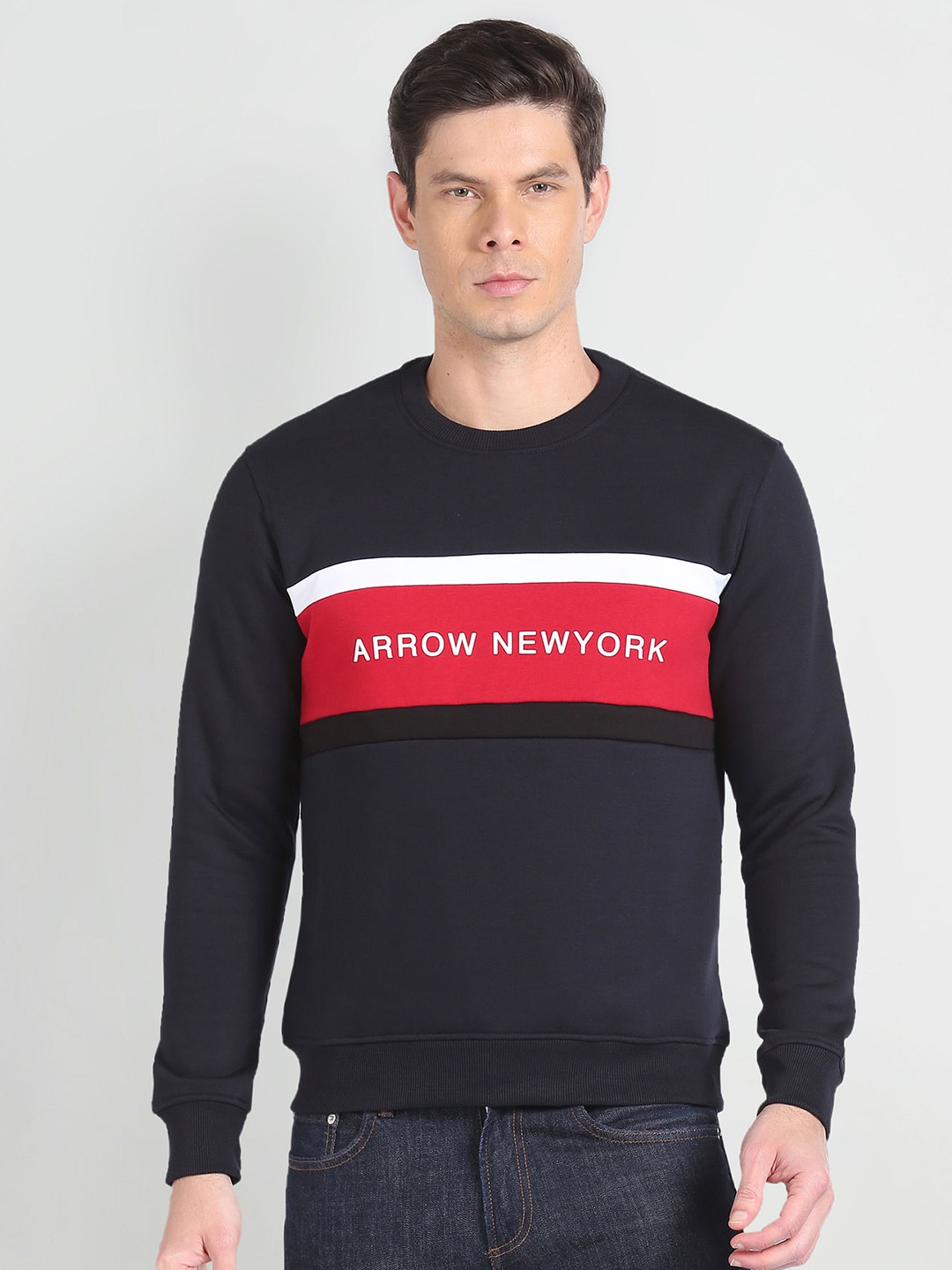 

Arrow Sport Typography Printed Round Neck Long Sleeves Pullover Sweatshirt, Blue