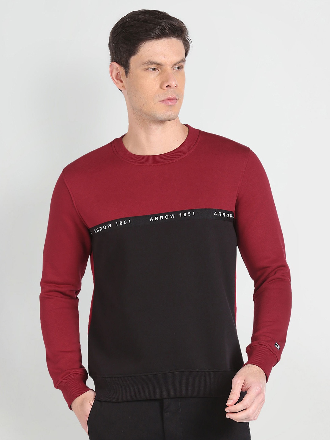 

Arrow Sport Colourblocked Round Neck Long Sleeves Ribbed Hem Pullover Sweatshirt, Red