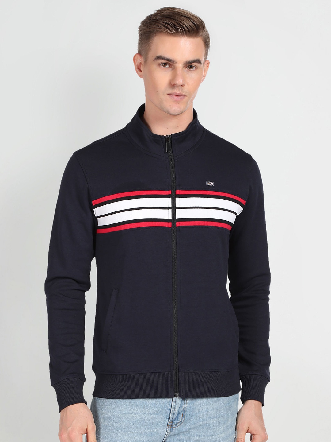 

Arrow Sport Striped Mock Collar Long Sleeves Front-Open Sweatshirt, Blue