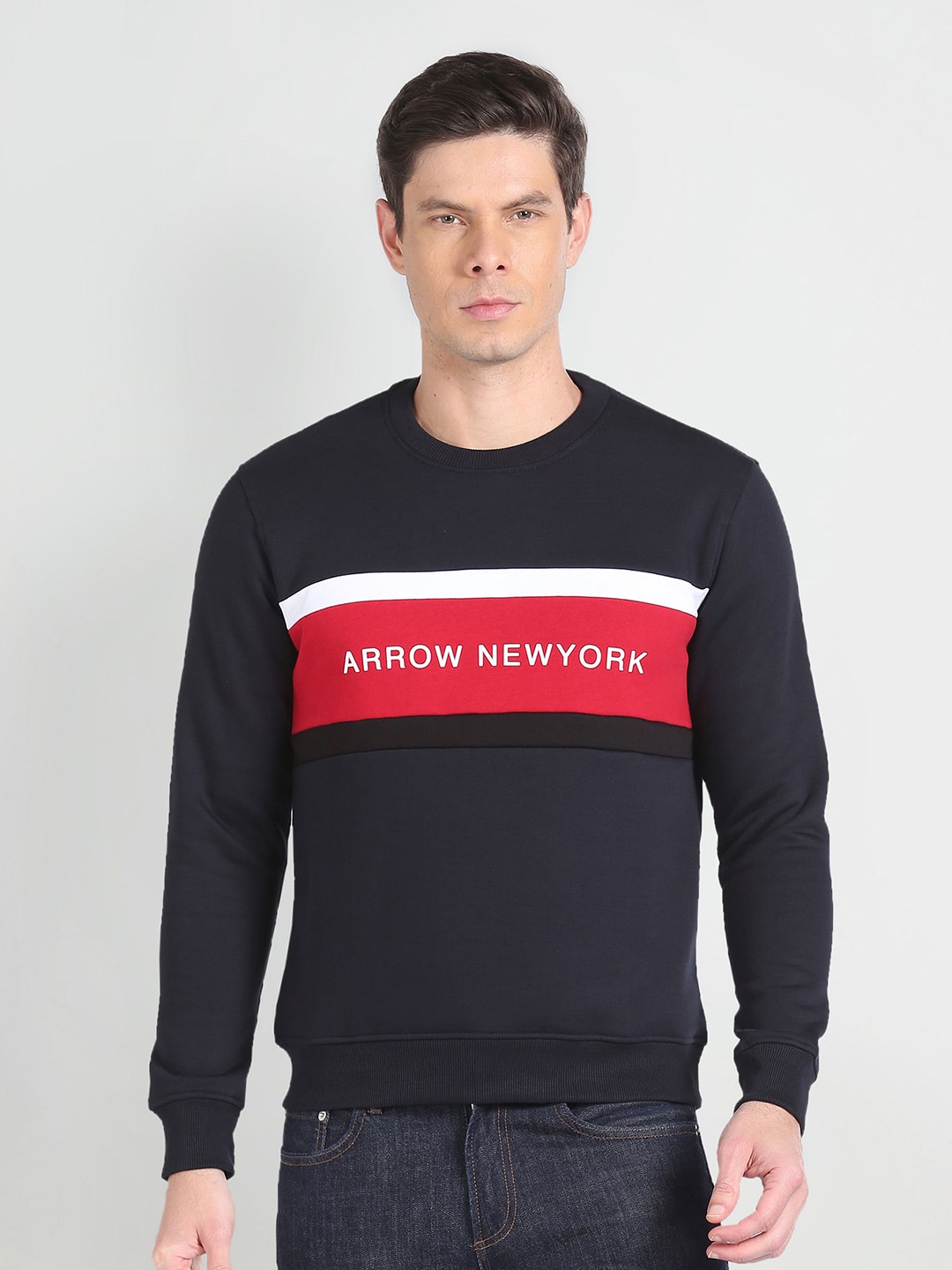 

Arrow Sport Typography Printed Round Neck Long Sleeves Pullover Sweatshirt, Blue