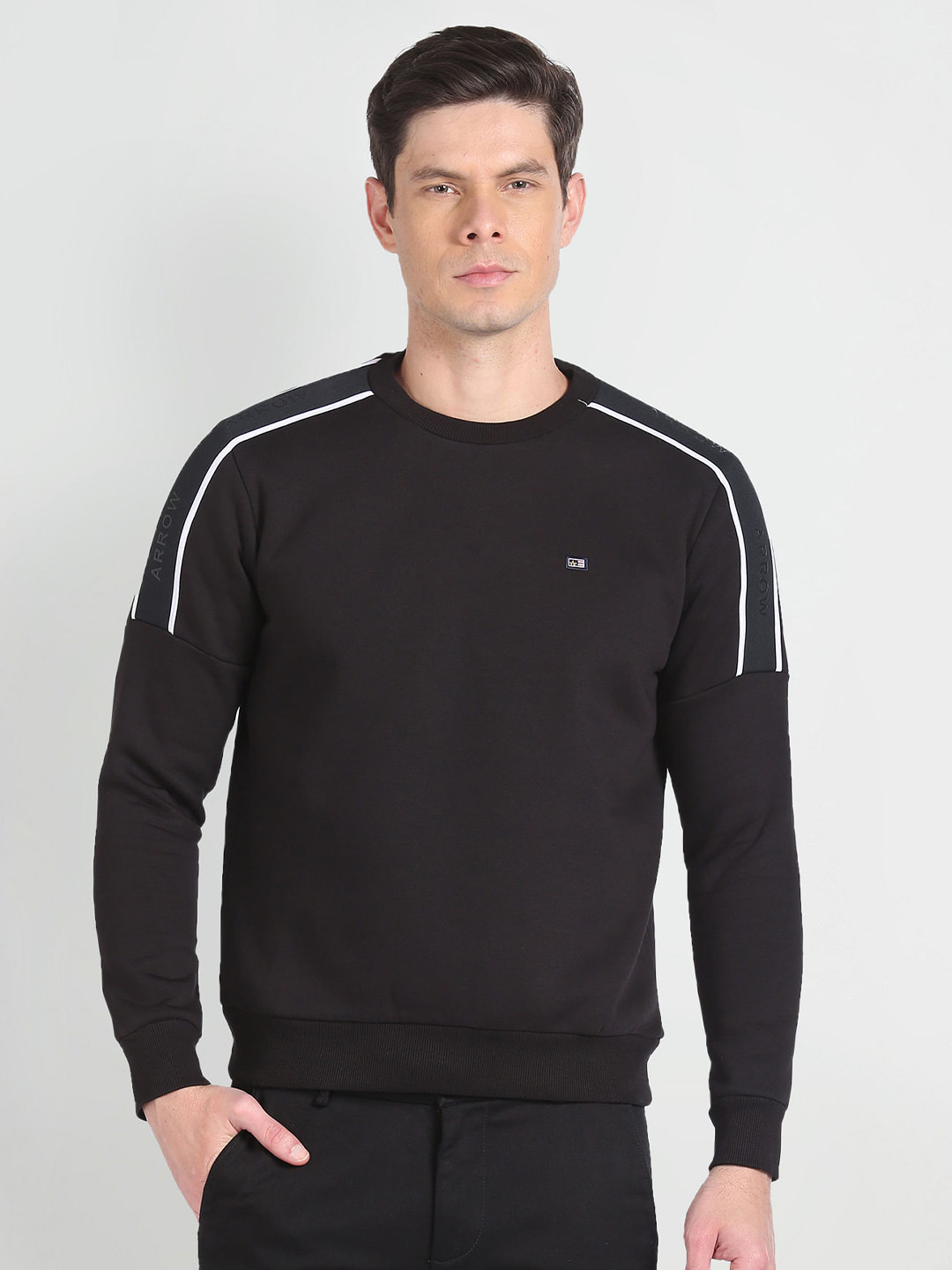 

Arrow Sport Brand Logo Printed Round Neck Long Sleeves Pullover Sweatshirt, Black