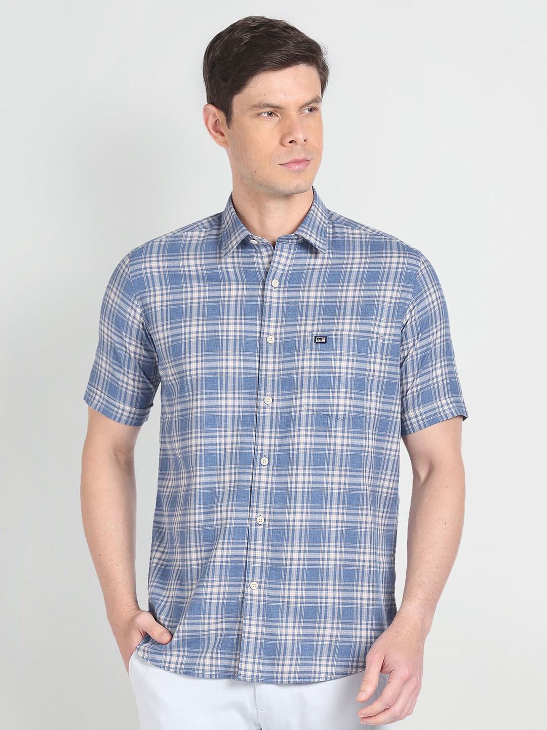 

Arrow Sport Tartan Checked Spread Collar Twill Casual Pure Cotton Shirt, Blue