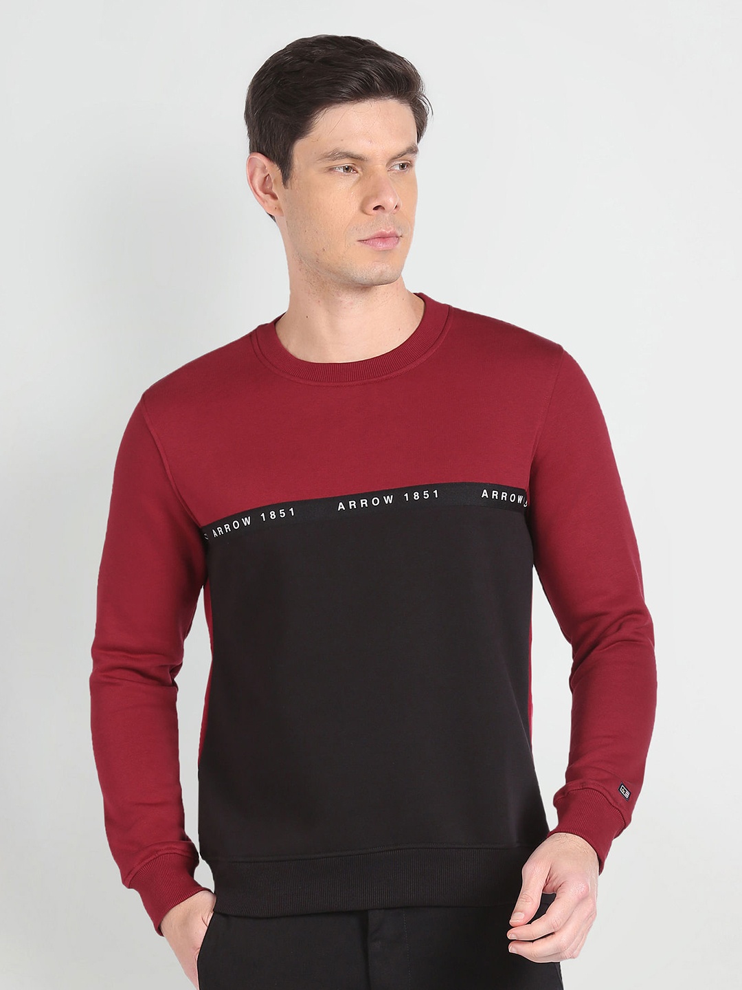 

Arrow Sport Colourblocked Round Neck Long Sleeves Ribbed Hem Pullover Sweatshirt, Red