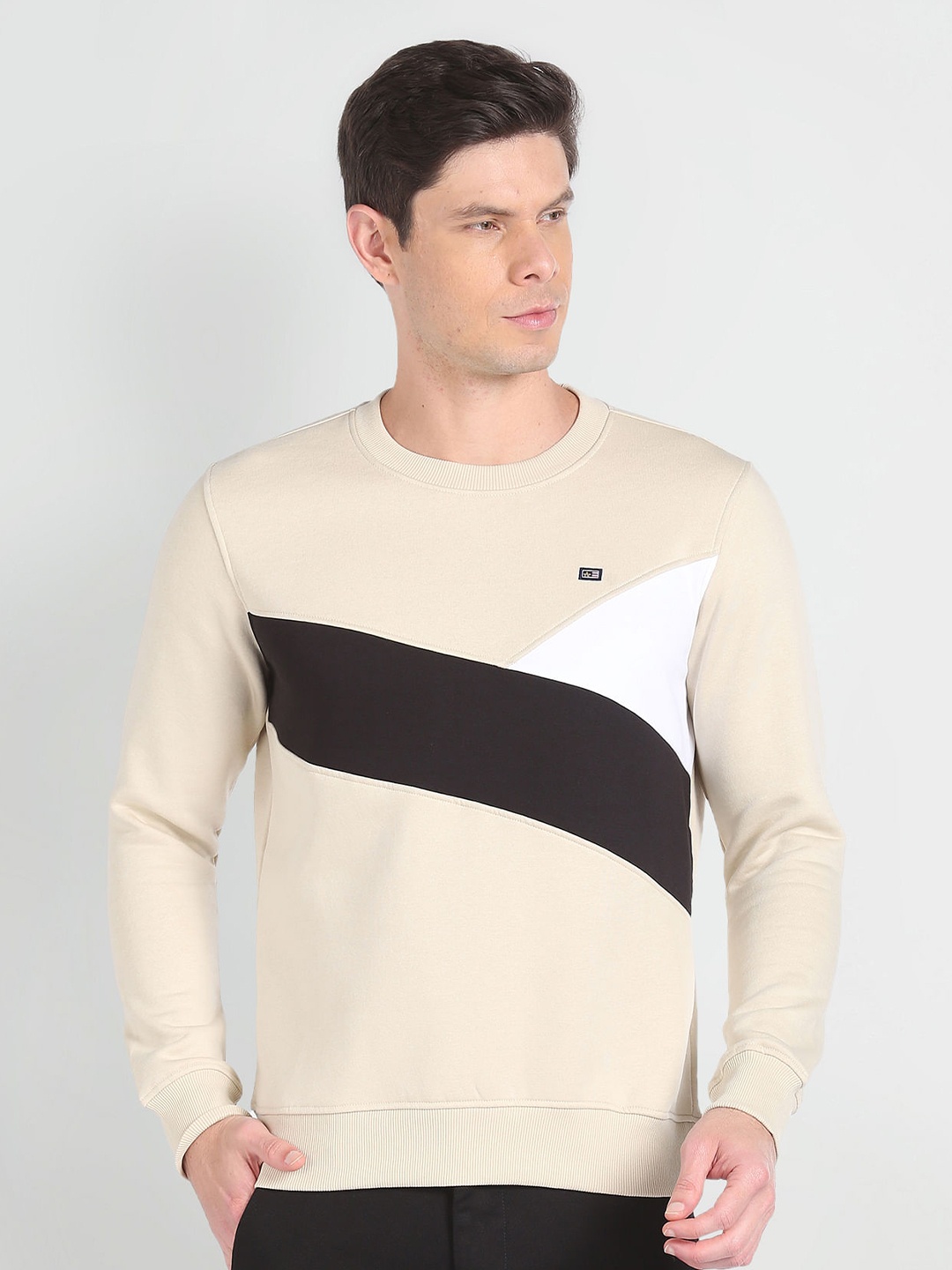 

Arrow Sport Colourblocked Round Neck Long Sleeves Ribbed Hem Pullover Sweatshirt, Beige