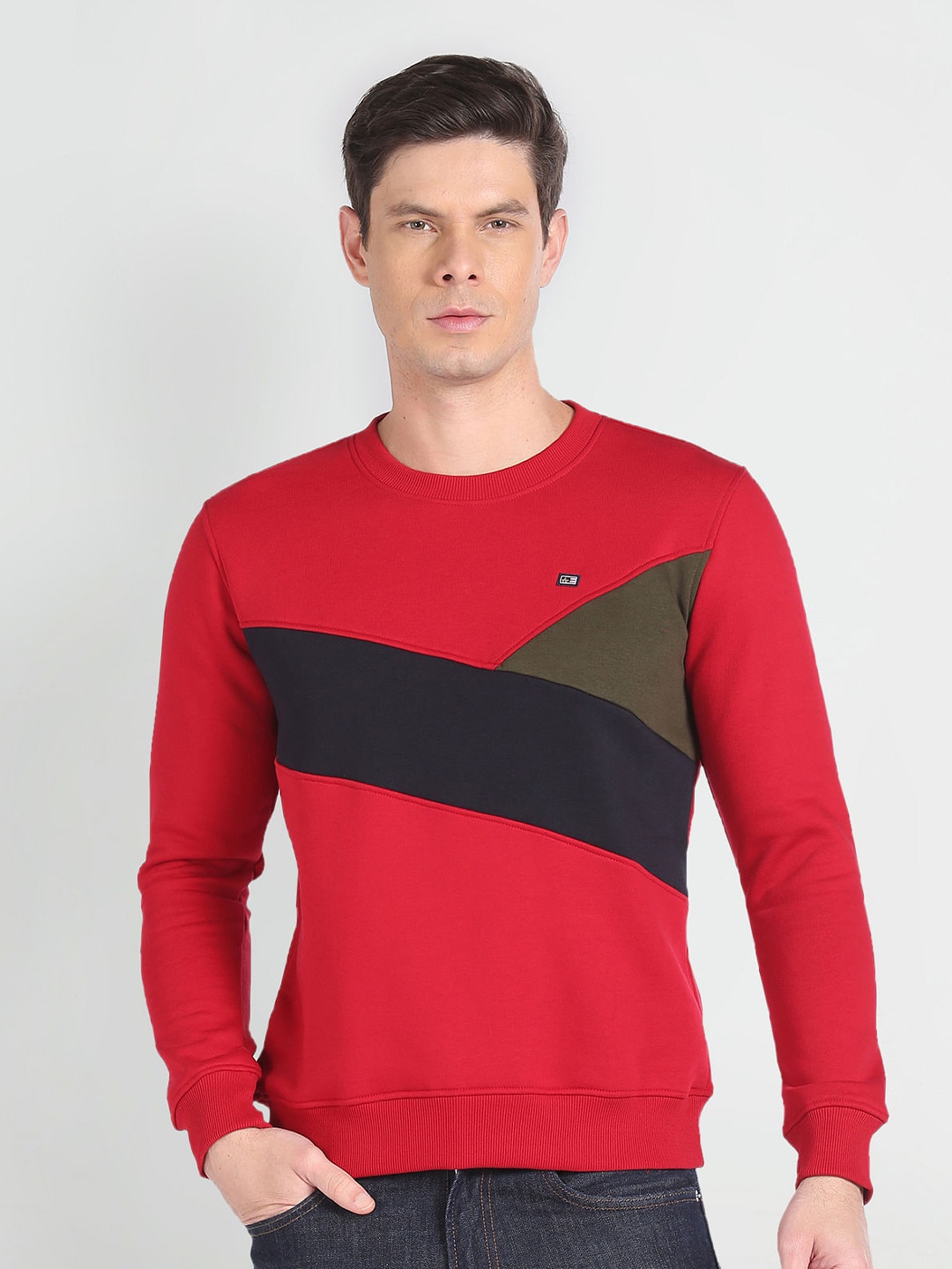 

Arrow Sport Colourblocked Round Neck Long Sleeves Ribbed Hem Pullover Sweatshirt, Red