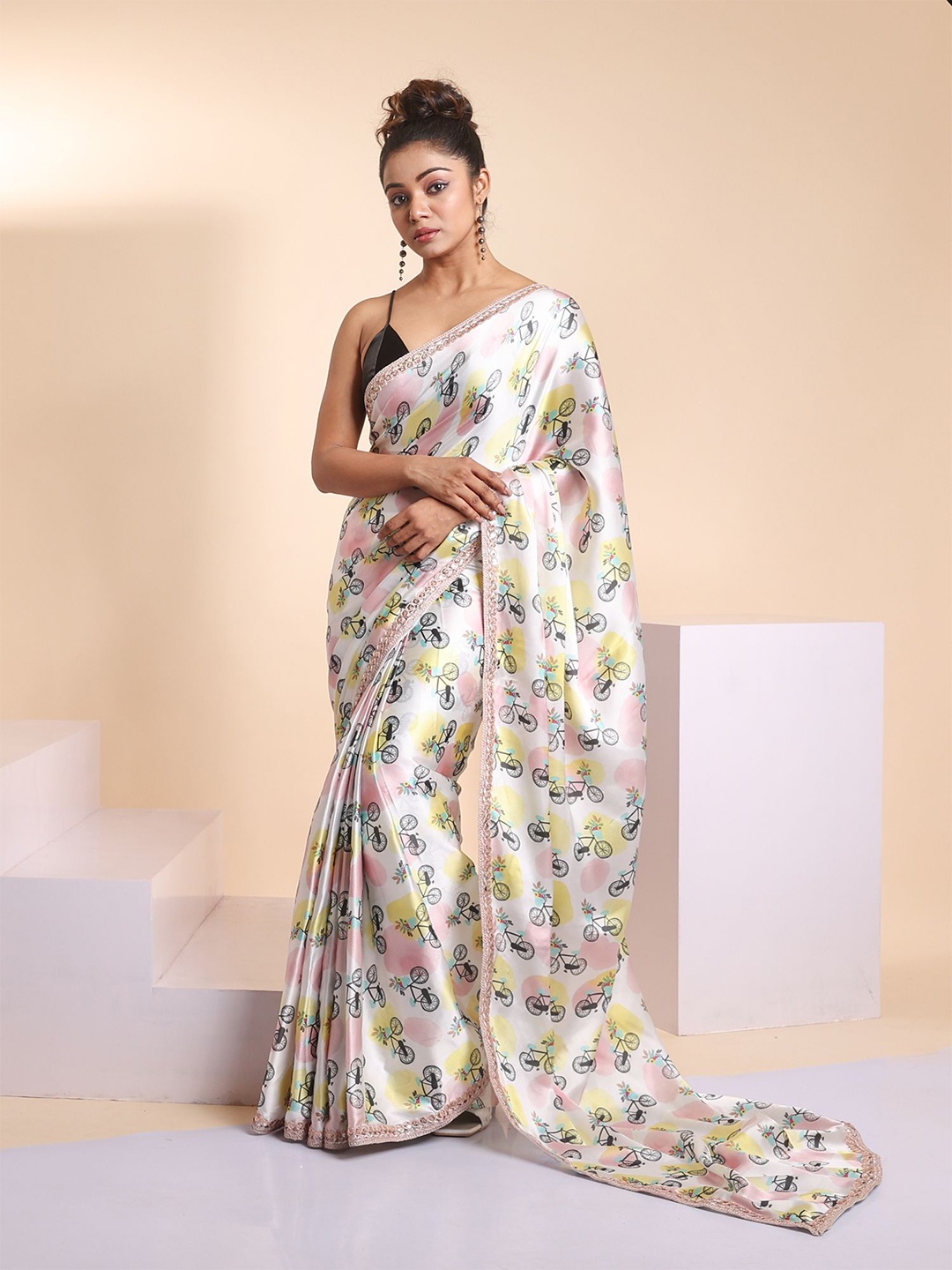 

Disli Floral Printed Satin Saree, White