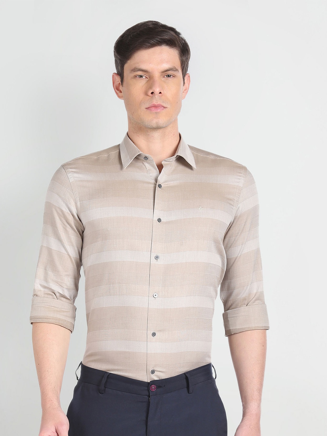 

Arrow New York Slim Fit Horizontal Stripes Twill Cotton Formal Shirt, Beige