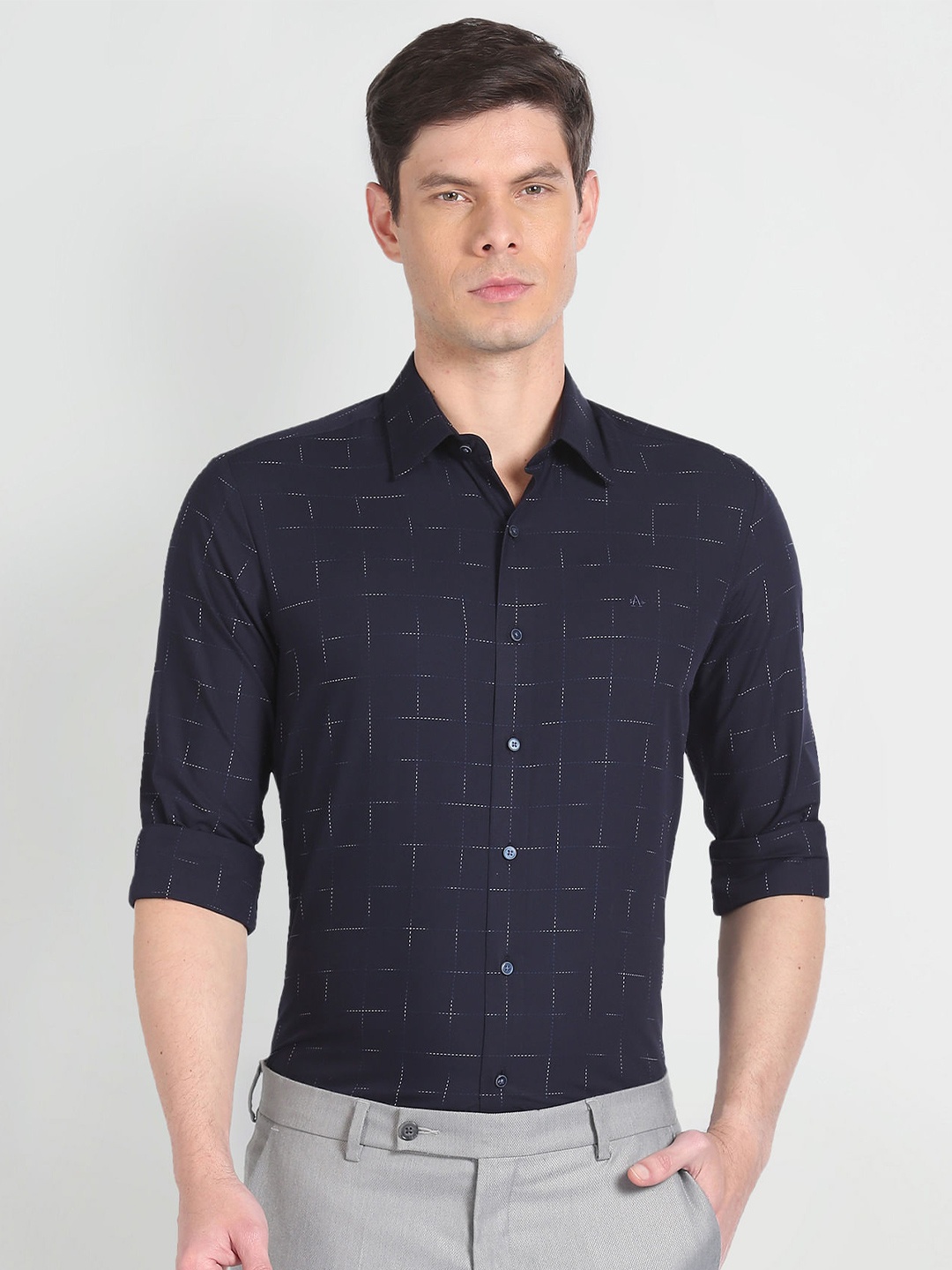 

Arrow Slim Fit Checked Spread Collar Formal Shirt, Navy blue