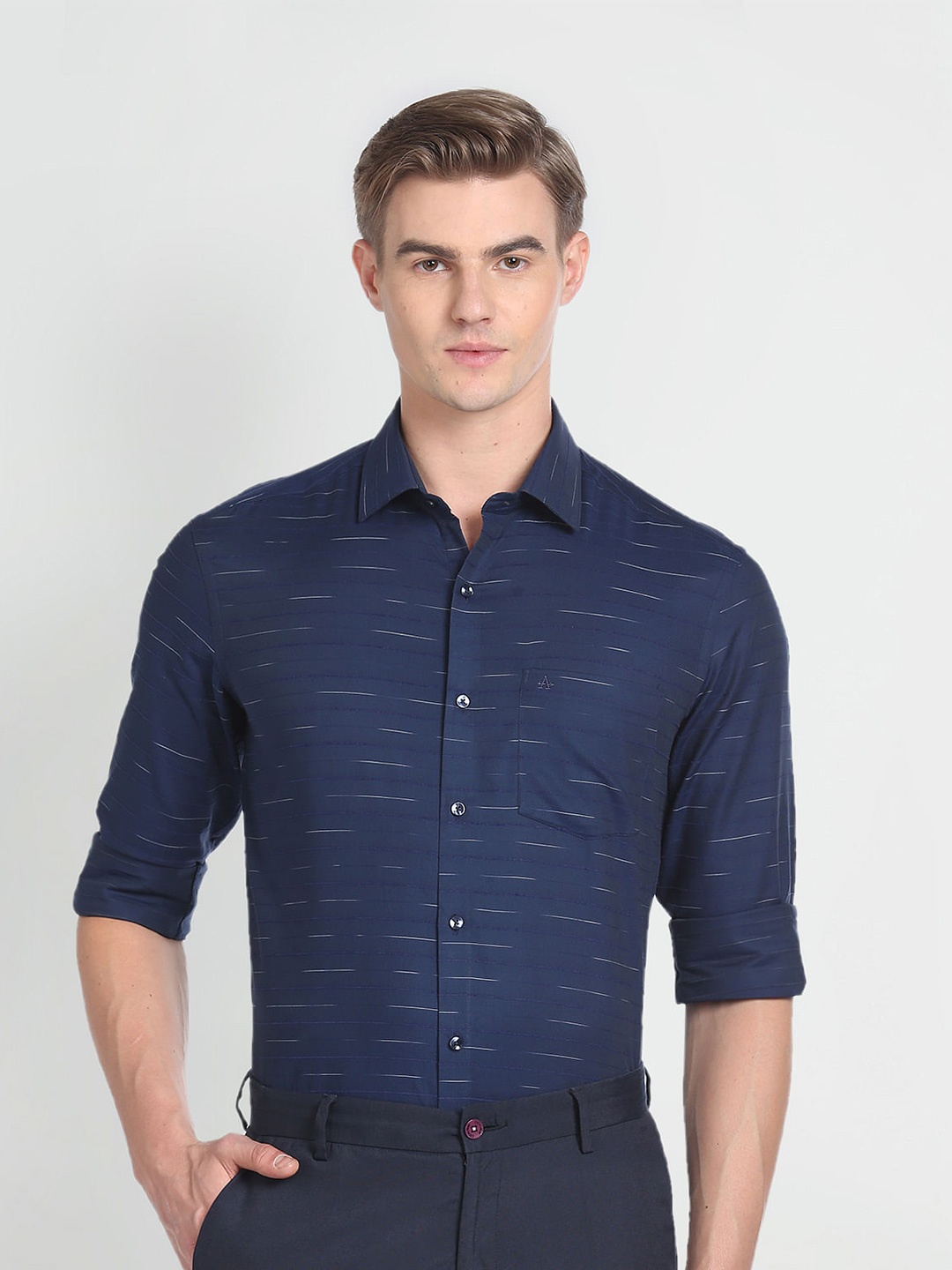 

Arrow Slim Fit Horizontal Striped Spread Collar Long Sleeves Formal Shirt, Blue