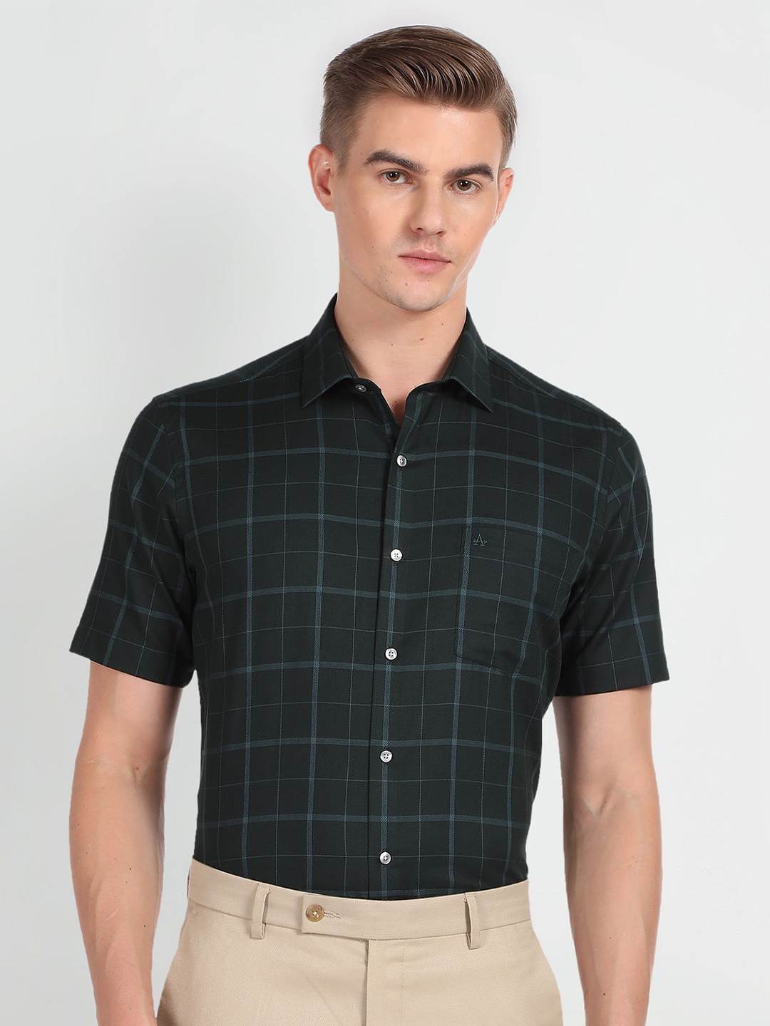 

Arrow Regular Fit Windowpane Checked Spread Collar Short Sleeves Formal Shirt, Green