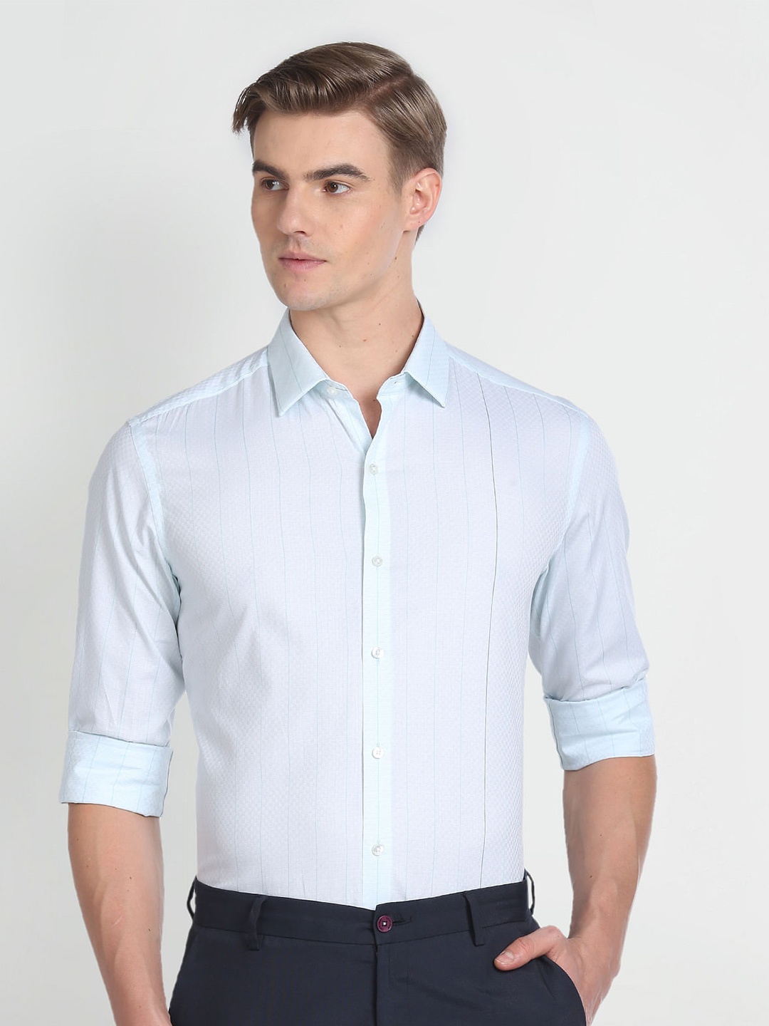 

Arrow Slim Fit Striped Spread Collar Cotton Formal Shirt, Green
